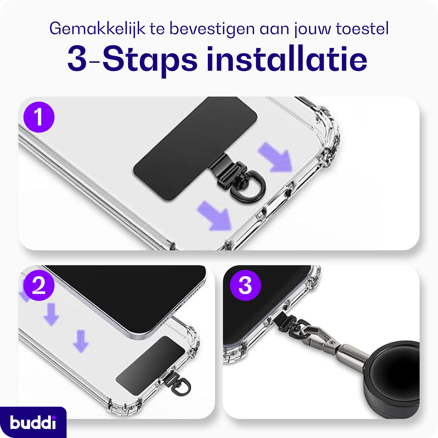 3-staps instructies: een zwart koord wordt aan een telefoonhoesje bevestigd.