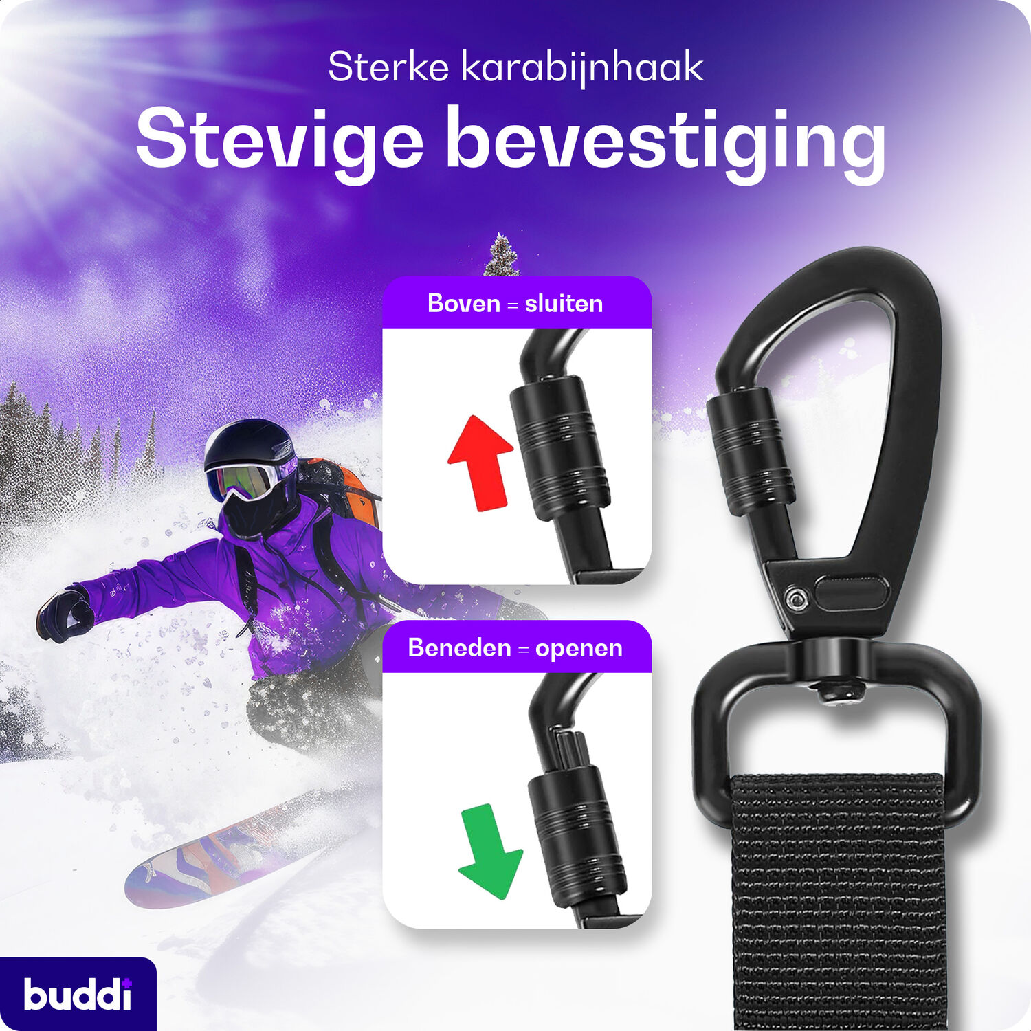 Een snowboarder in paarse kleding skiet een besneeuwde berg af. Een karabijnsluiting wordt getoond.