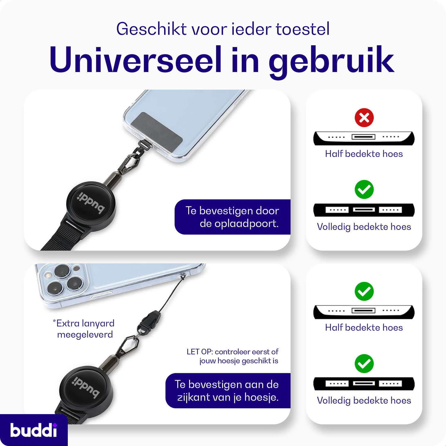 Instructies voor telefoonkoord te bevestigen aan laadpoort of zijkant hoesje.