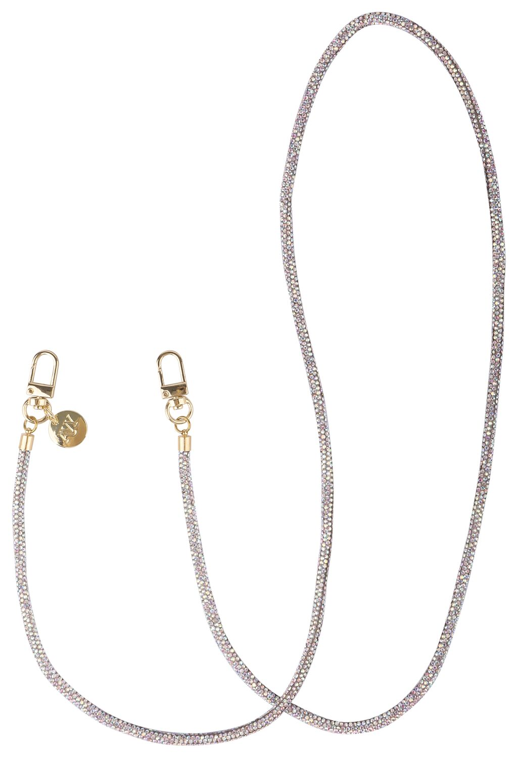 Een zilveren ketting met kristallen en gouden karabijnsluitingen.