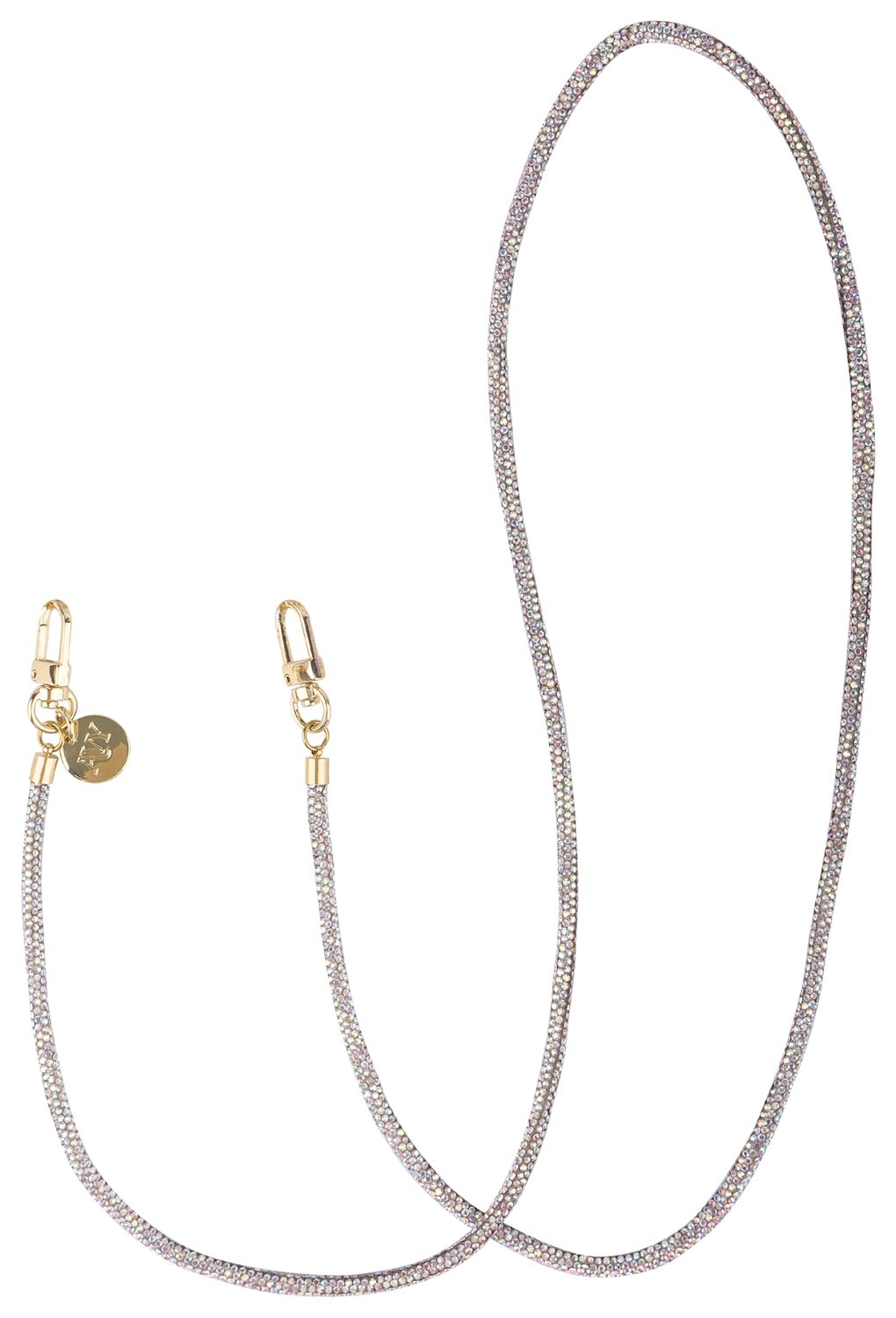 Een sprankelende ketting met gouden clips en een bedel.