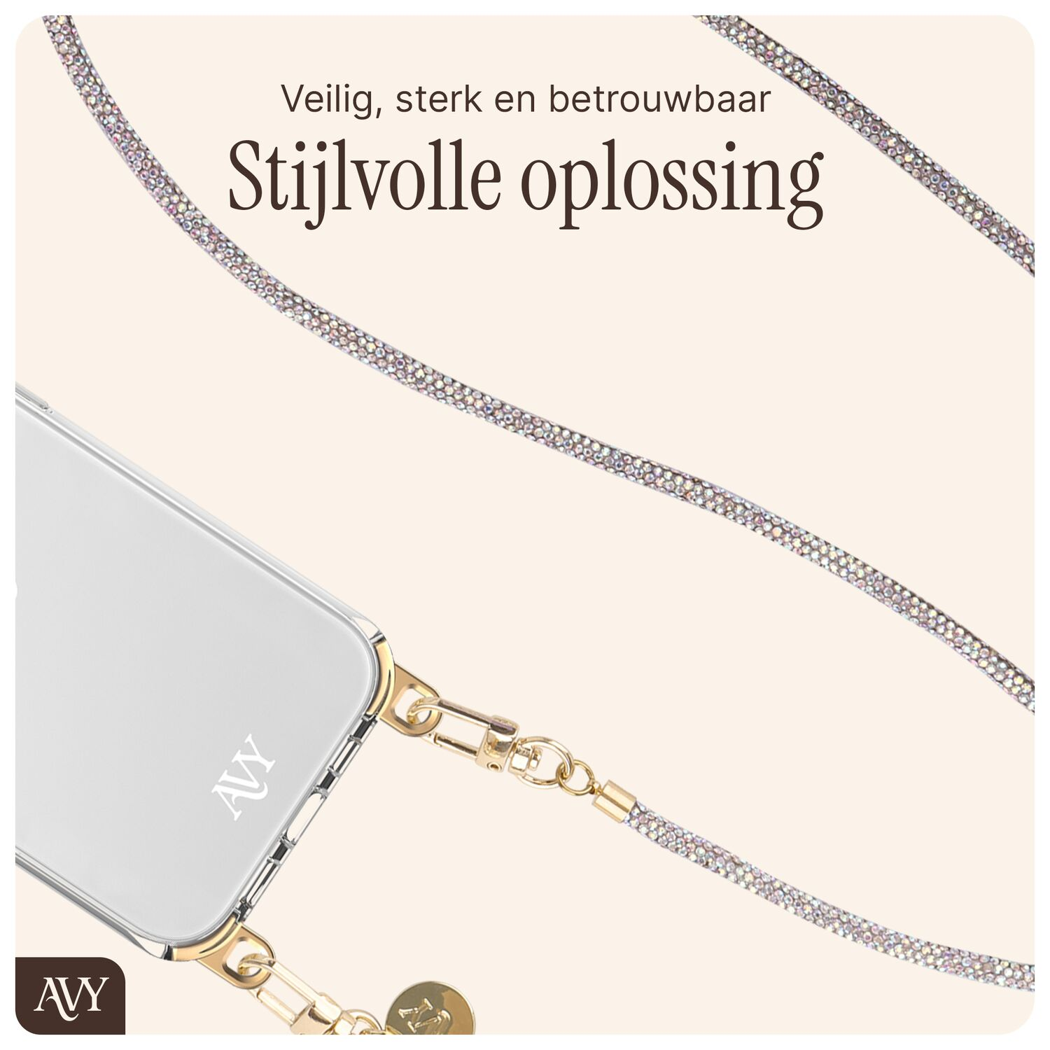 Transparante telefoonhoes met glinsterende band en gouden hardware.