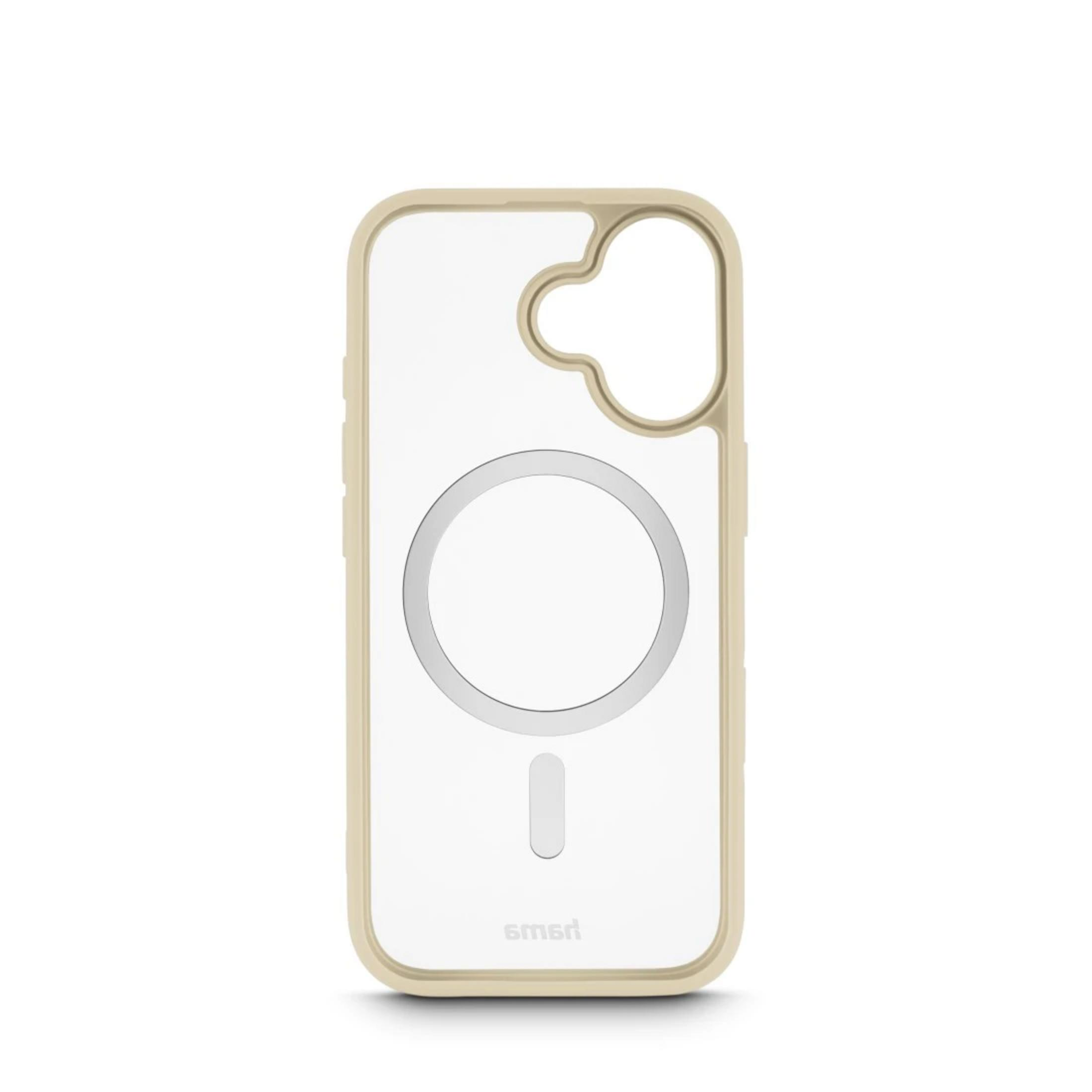 Eine transparente Handyhülle mit beigem Rahmen und MagSafe-Ring.