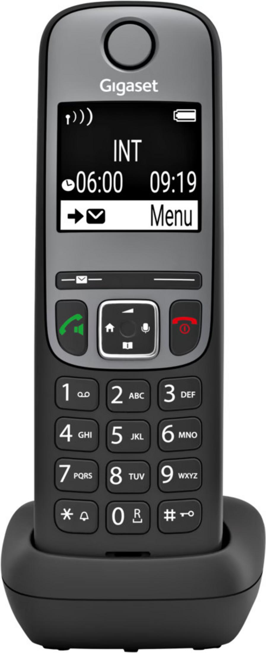 A black Gigaset cordless phone with keypad and display.