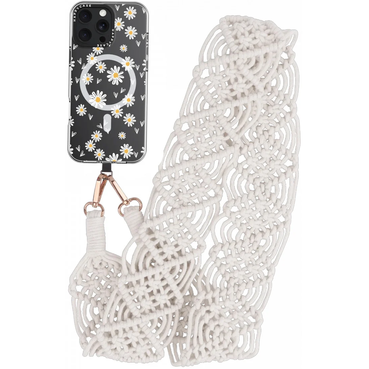 Zwarte telefoonhoes met madeliefjespatroon en macramé band.