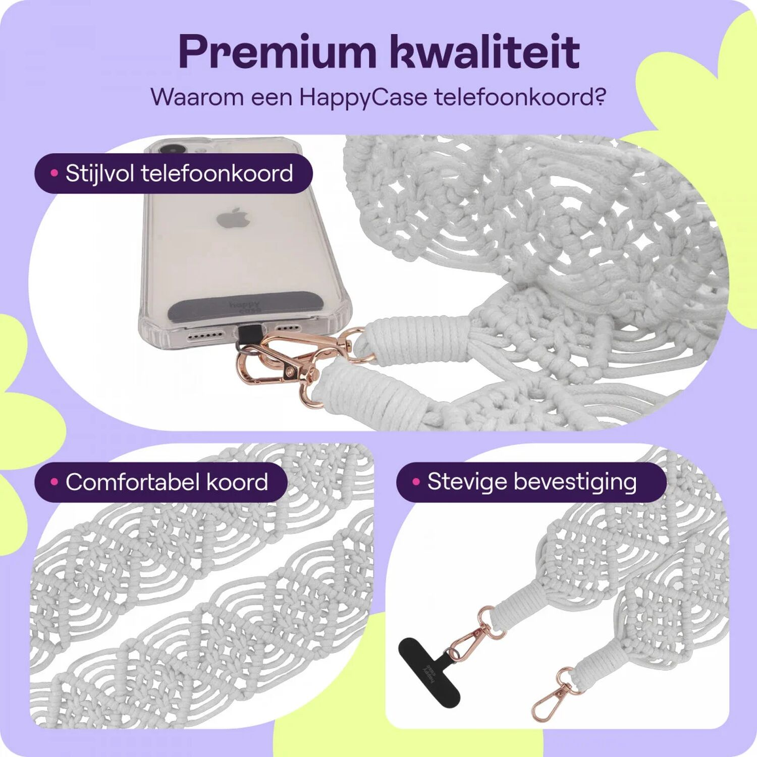 Wit macramé telefoonkoord bevestigd aan een transparante telefoon met roségoud beslag.