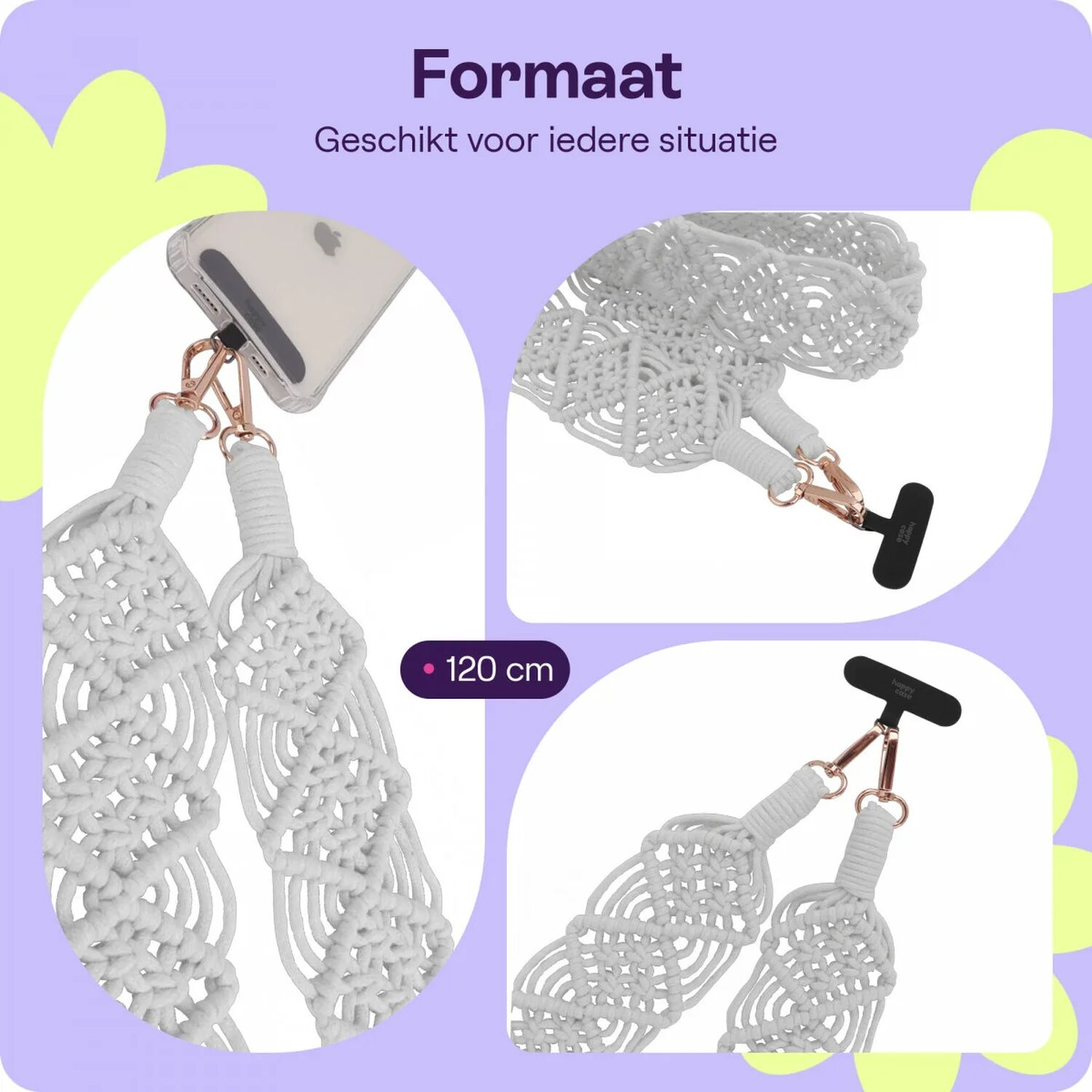 Wit macramé telefoonkoord, 120 cm lang, met roségouden metalen clips.
