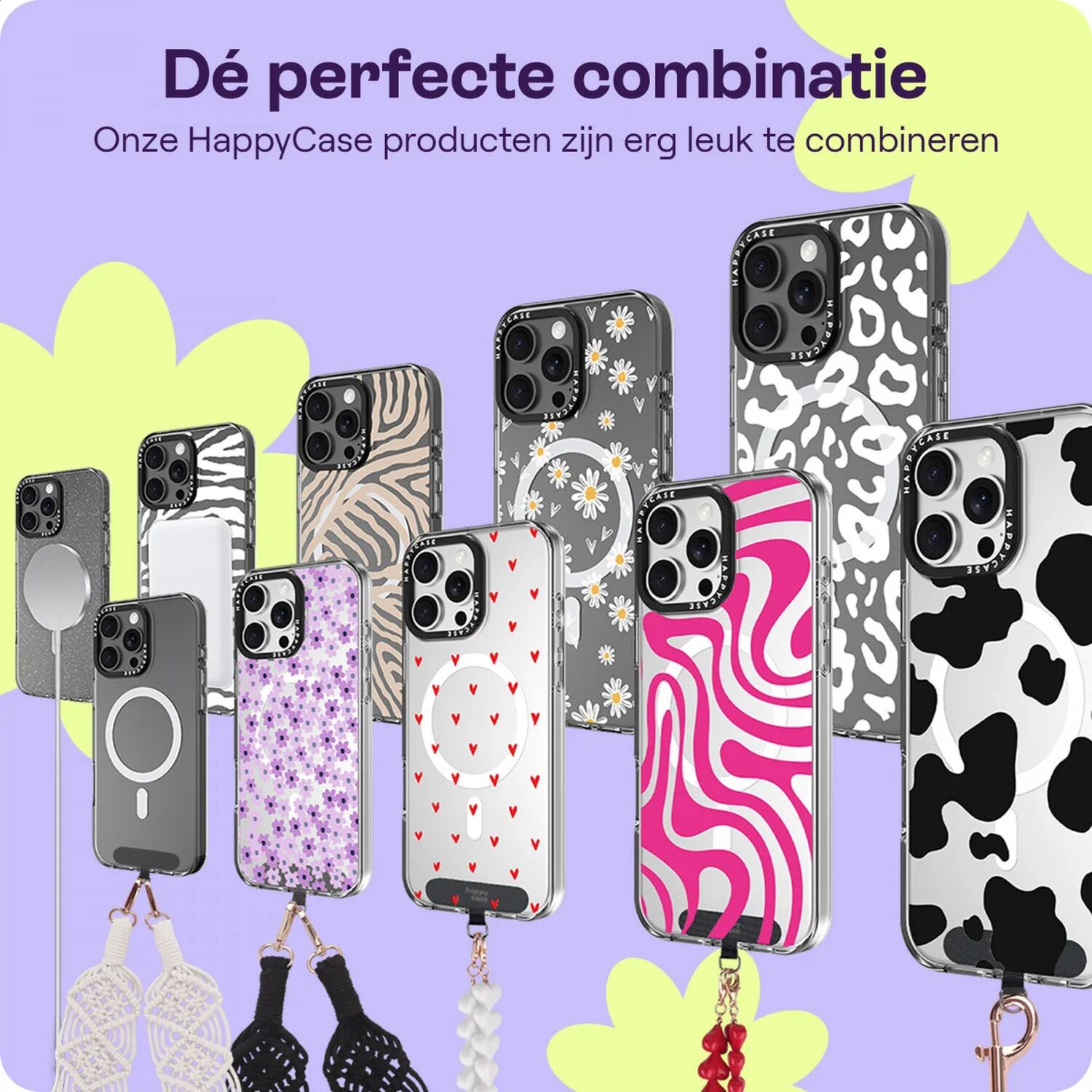Meerdere iPhone-hoesjes met patronen zoals koeien, bloemen, zebra's en roze golven.