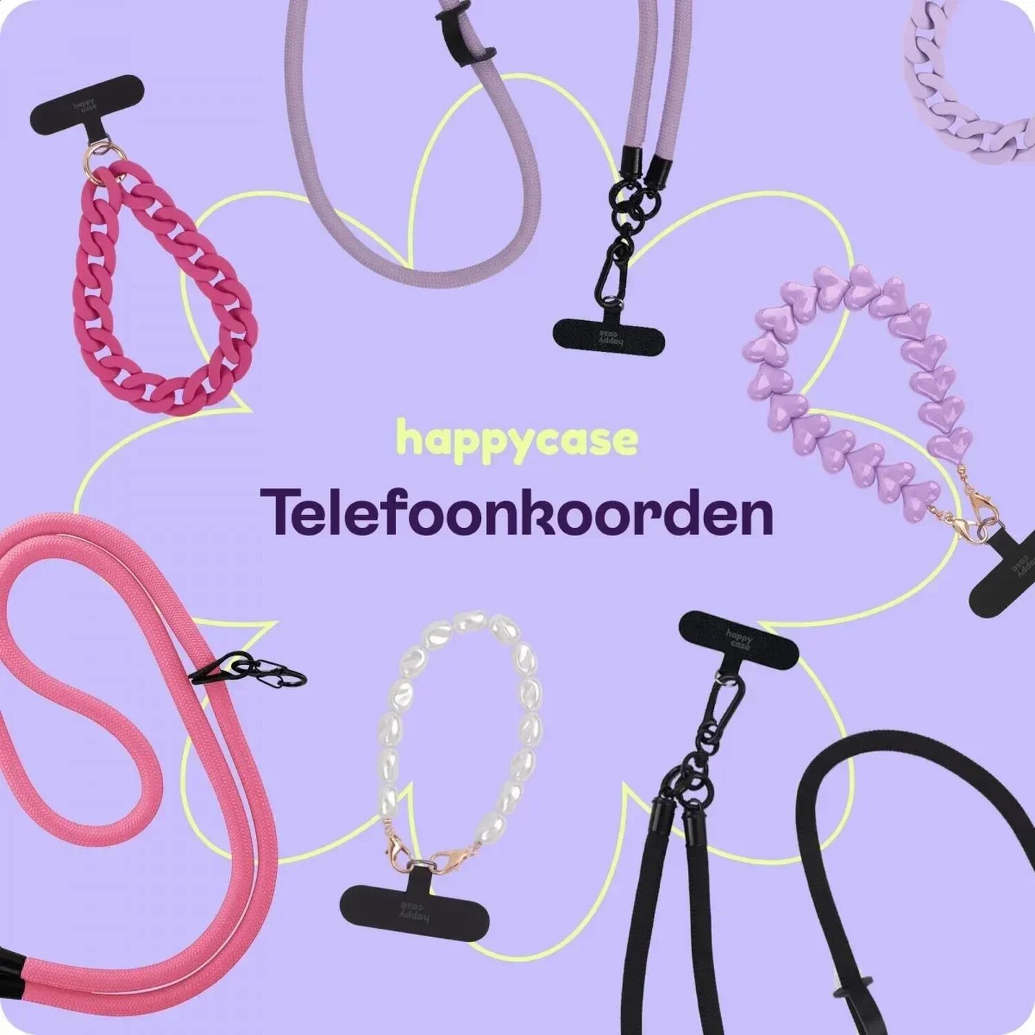 Collage van telefoonkoorden in diverse kleuren en stijlen.