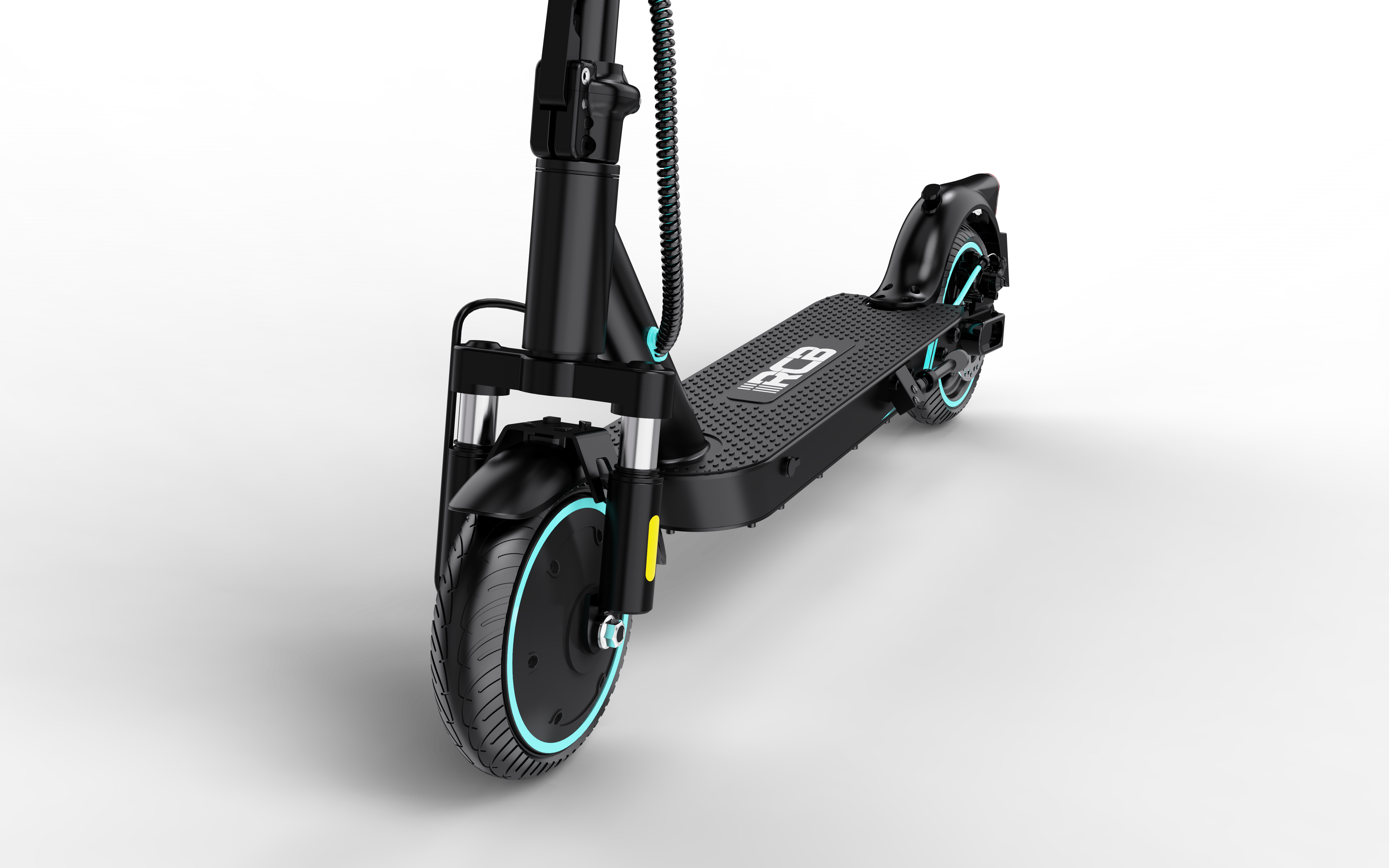 Patinete eléctrico negro con detalles azules y logo RCB en la plataforma.
