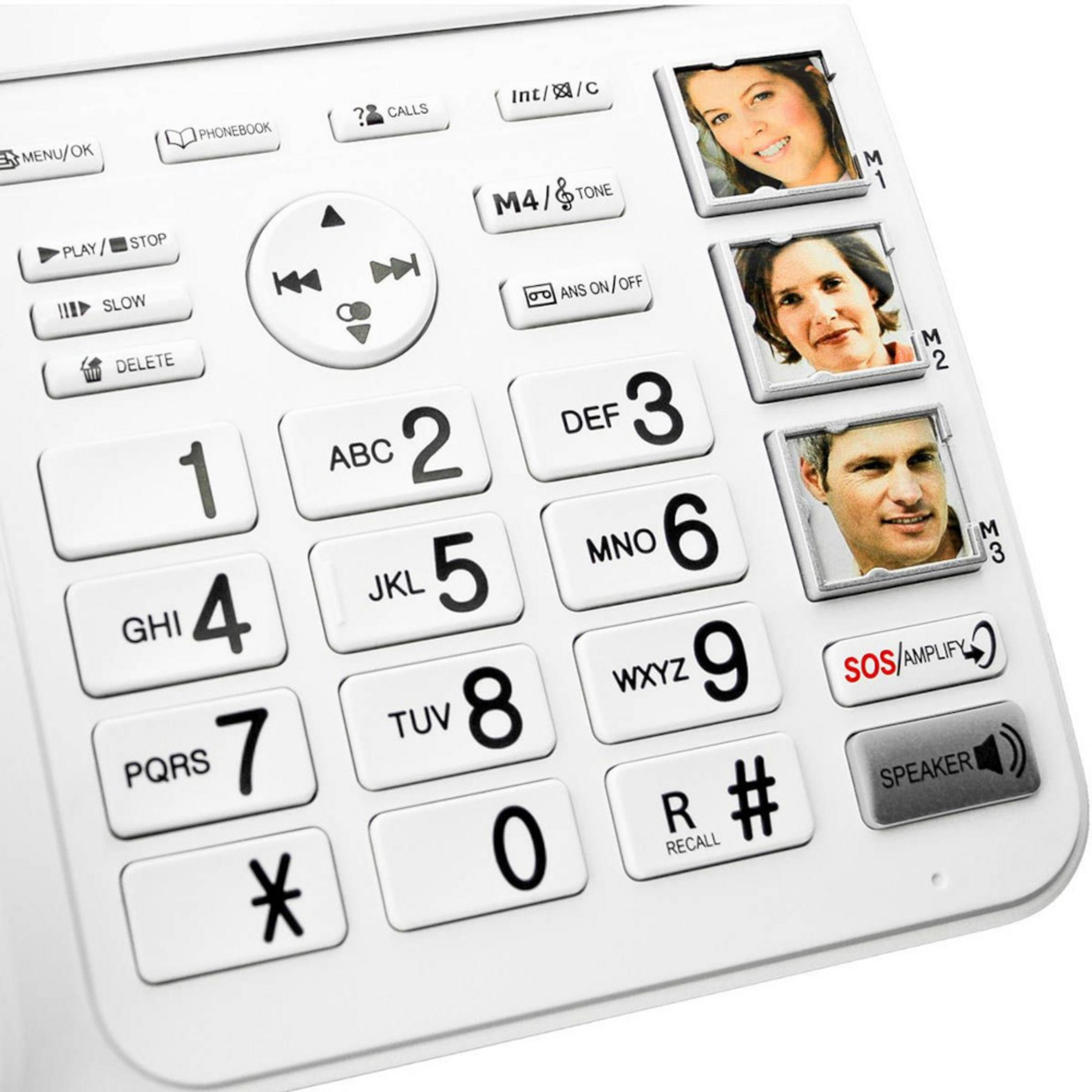 Un telefono cordless bianco con pulsanti, numeri e tre contatti fotografici.