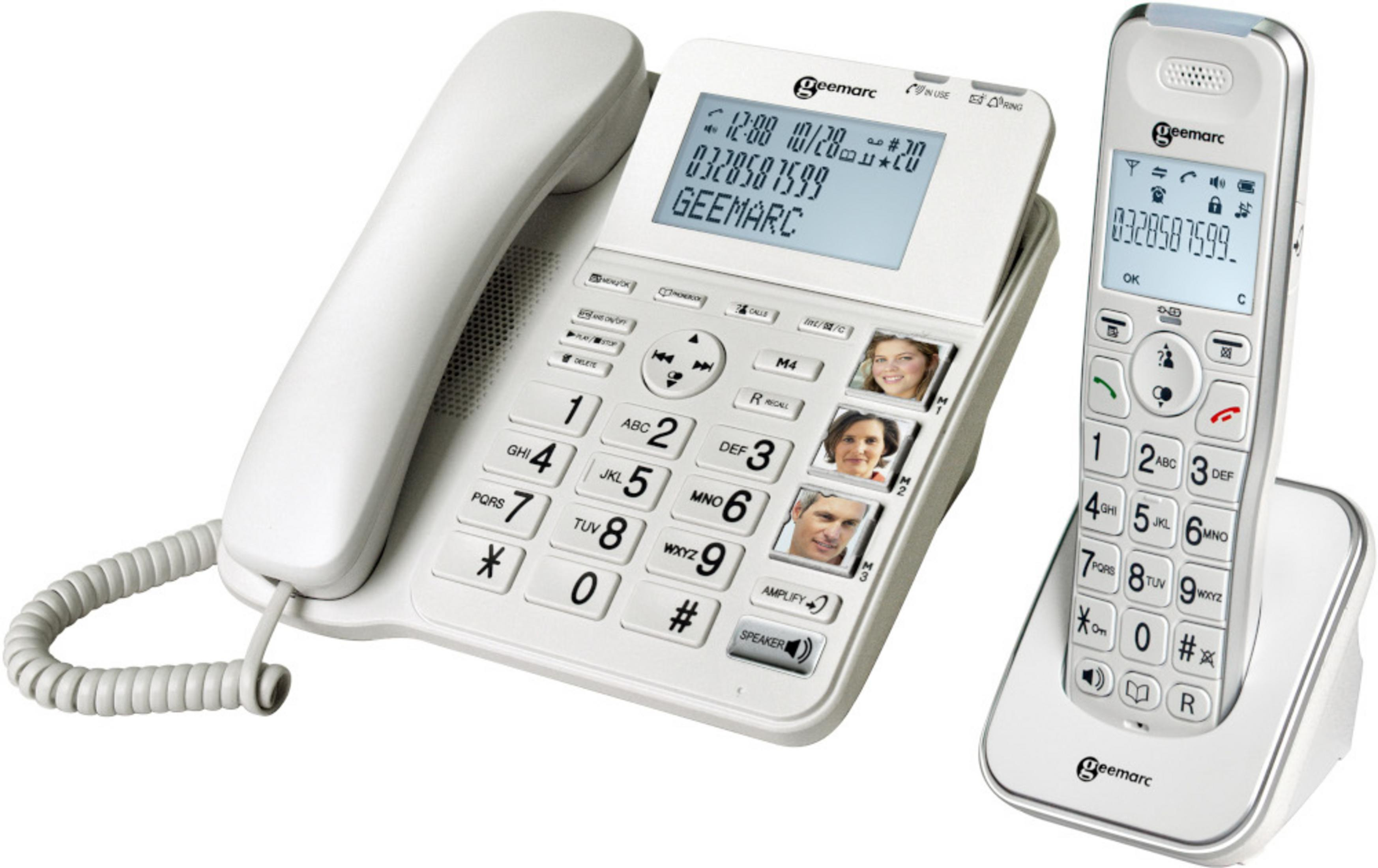 Un telefono cordless bianco con base e ricevitore. I pulsanti sono etichettati.