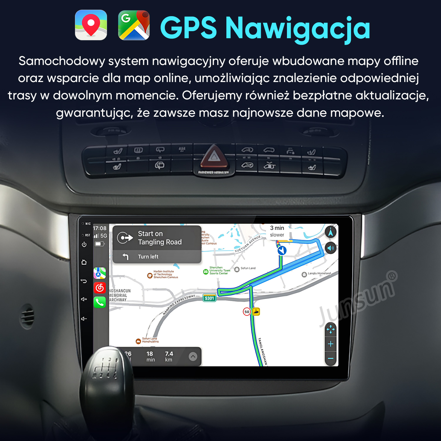 System nawigacji samochodowej z mapami offline, umożliwia planowanie tras.
