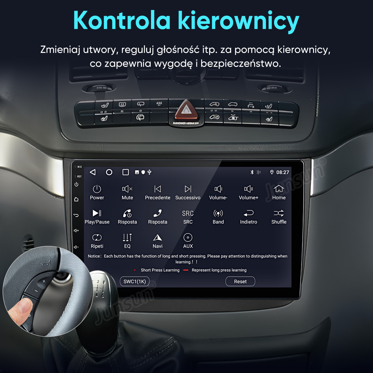 Ekran systemu multimedialnego samochodu z kontrolkami i częścią kierownicy.