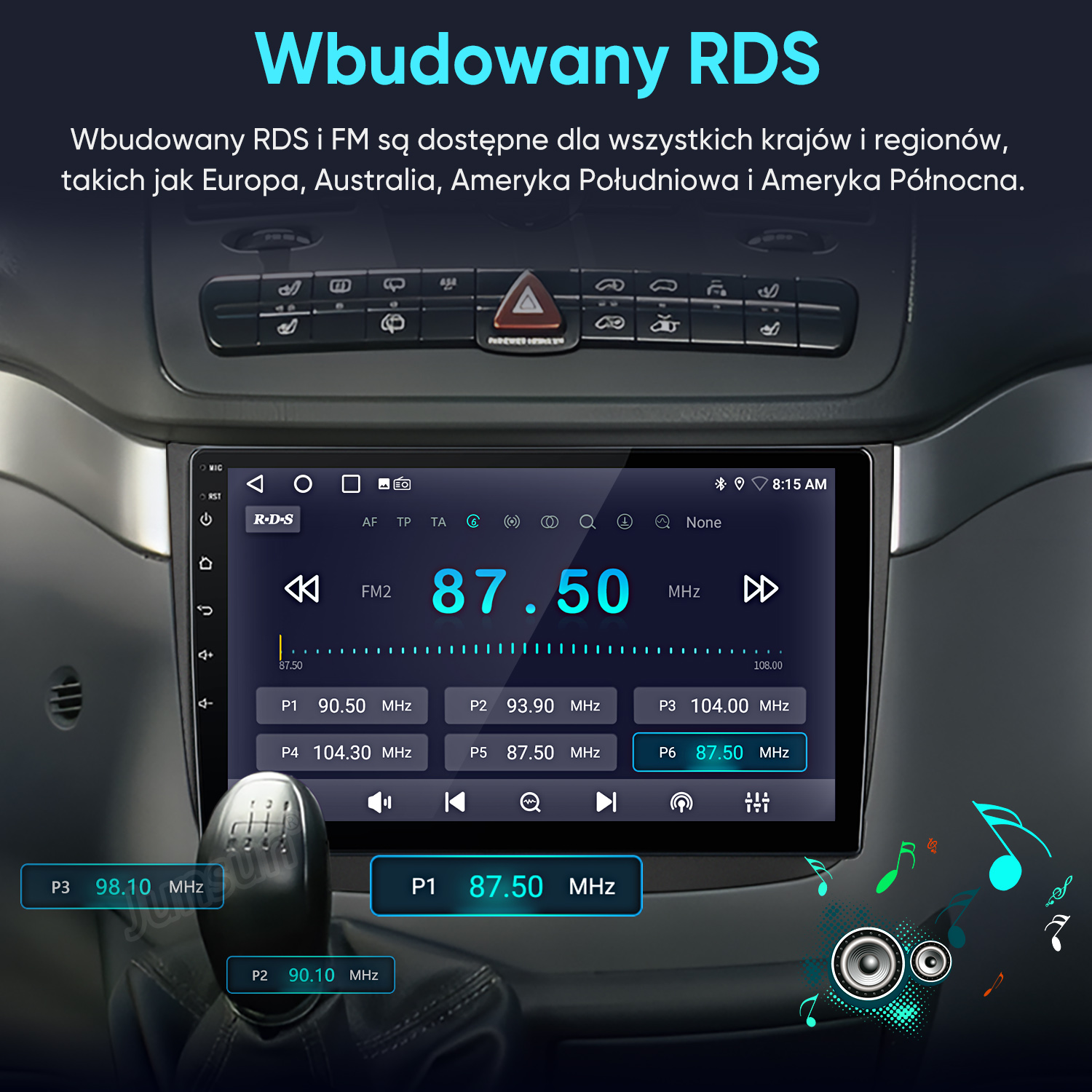 Deska rozdzielcza samochodu z dużym ekranem dotykowym pokazującym częstotliwości radiowe i kontrolki.