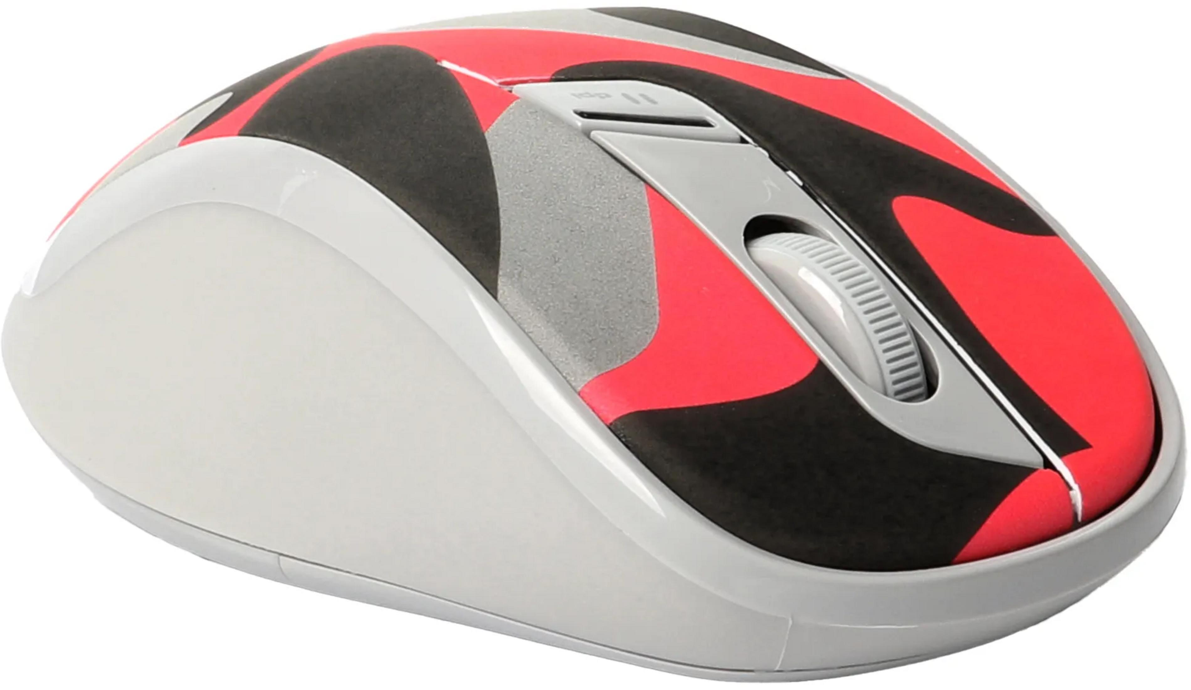 A white computer mouse with a red, black, and gray pattern.