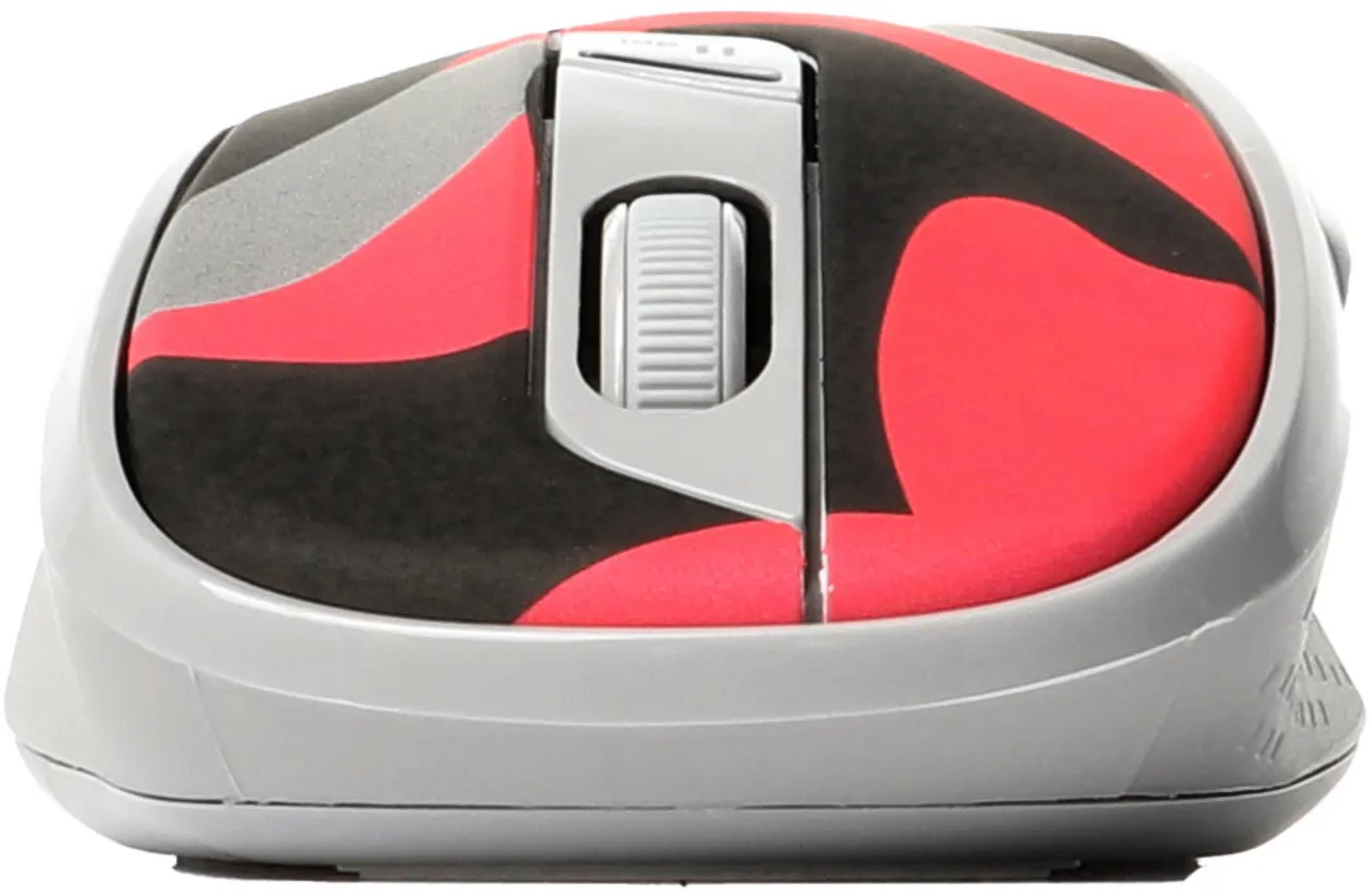 Gray computer mouse with red, black, and gray patterns and a scroll wheel.