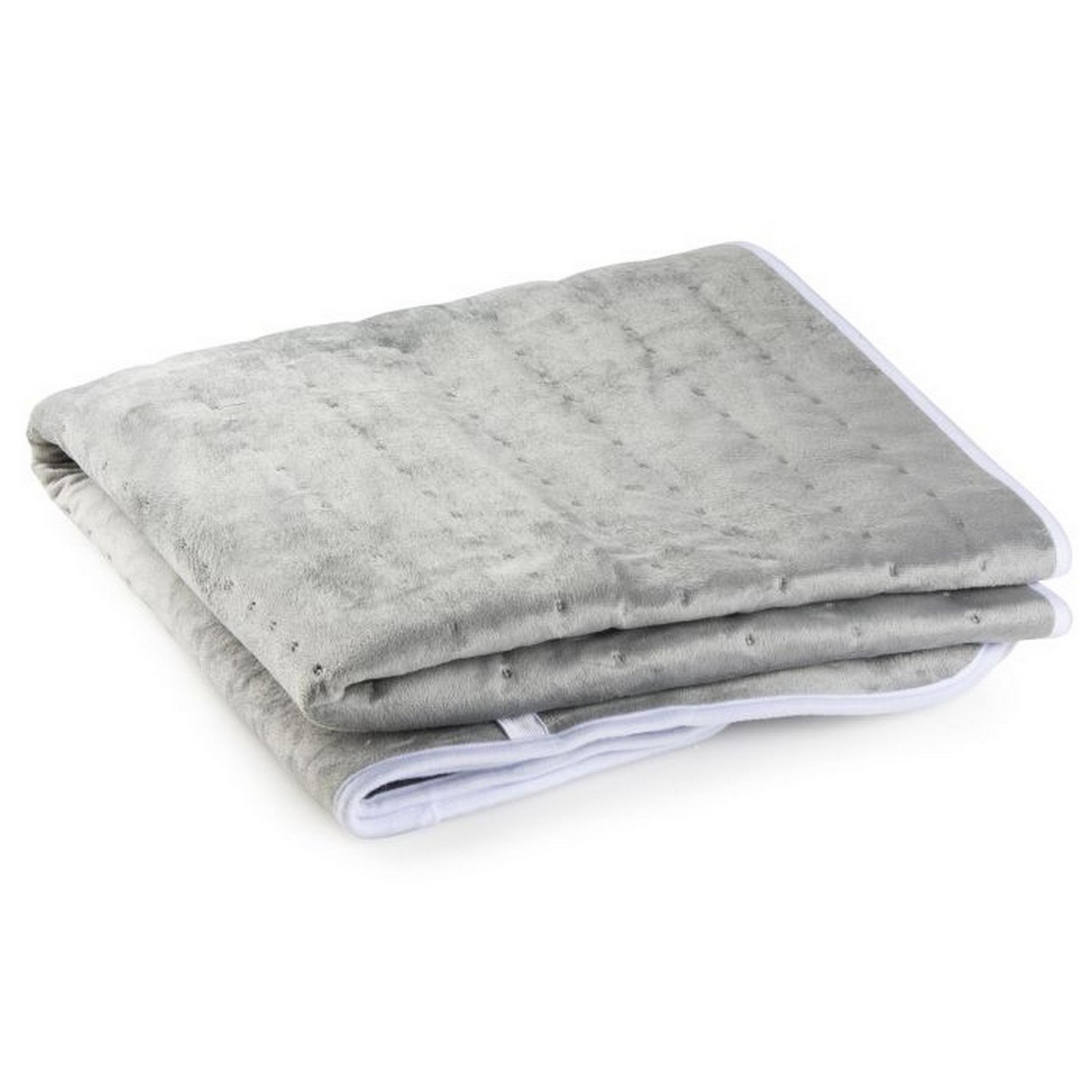 Coperta grigia piegata con bordo bianco, materiale morbido.