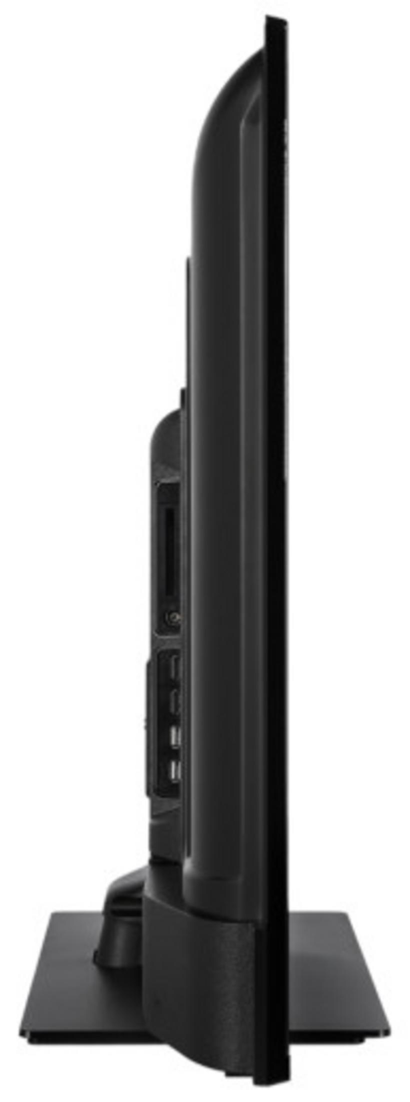 Vista laterale di un TV nero a schermo piatto su un supporto, che mostra le porte sul lato.