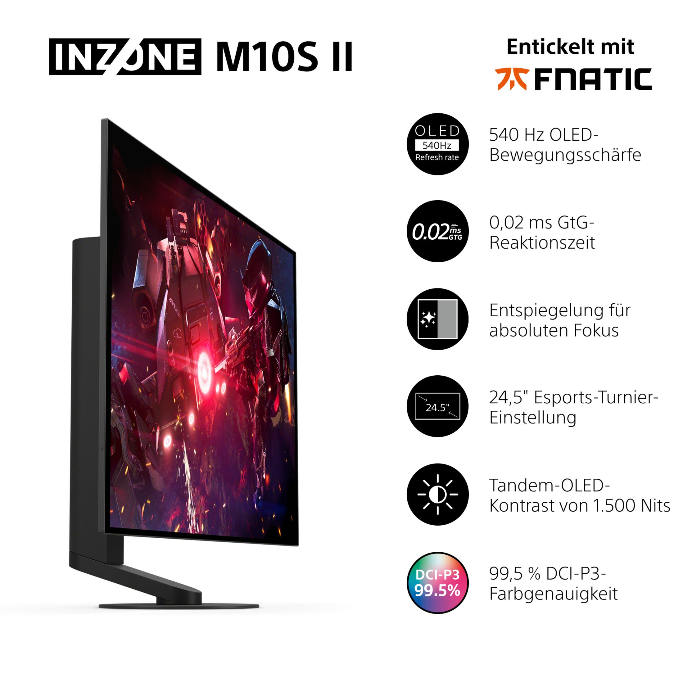 Monitor gaming con logo "INZONE M10S II", logo Fnatic e specifiche.