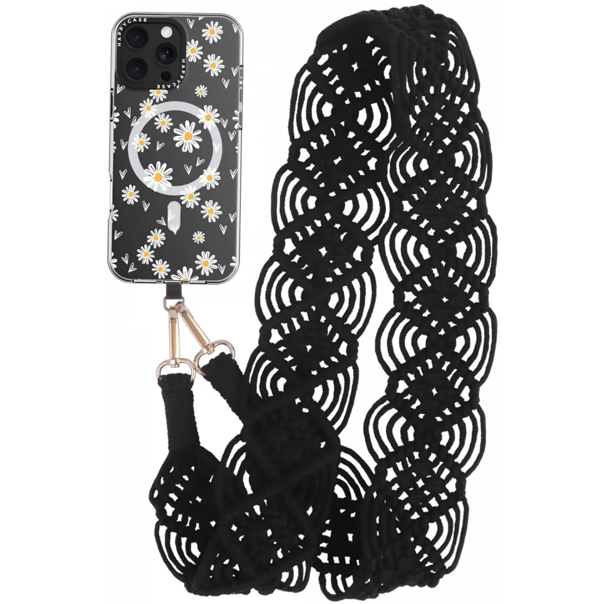 Een zwarte macramé telefoonband met een doorzichtige hoes met madeliefjespatroon.