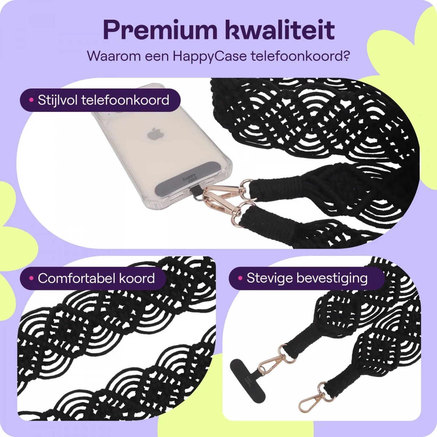 Zwart macramé telefoonkoord bevestigd aan een hoesje.