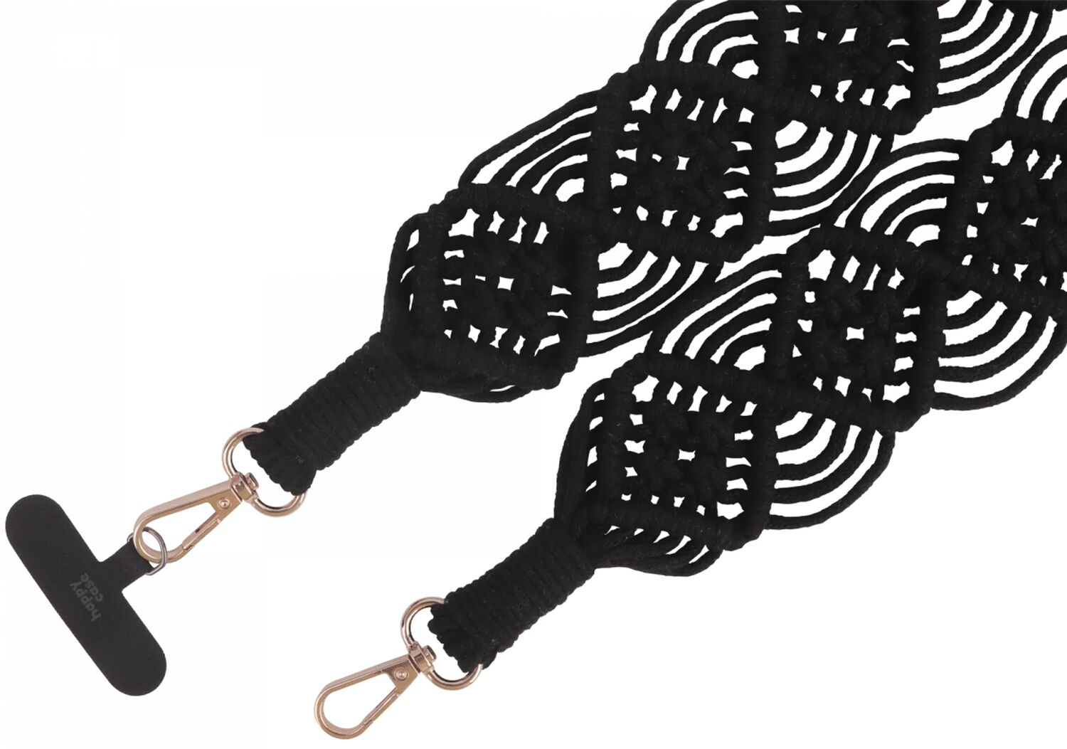 Zwarte macramé band met gouden karabijnhaken en een "happy case" label.