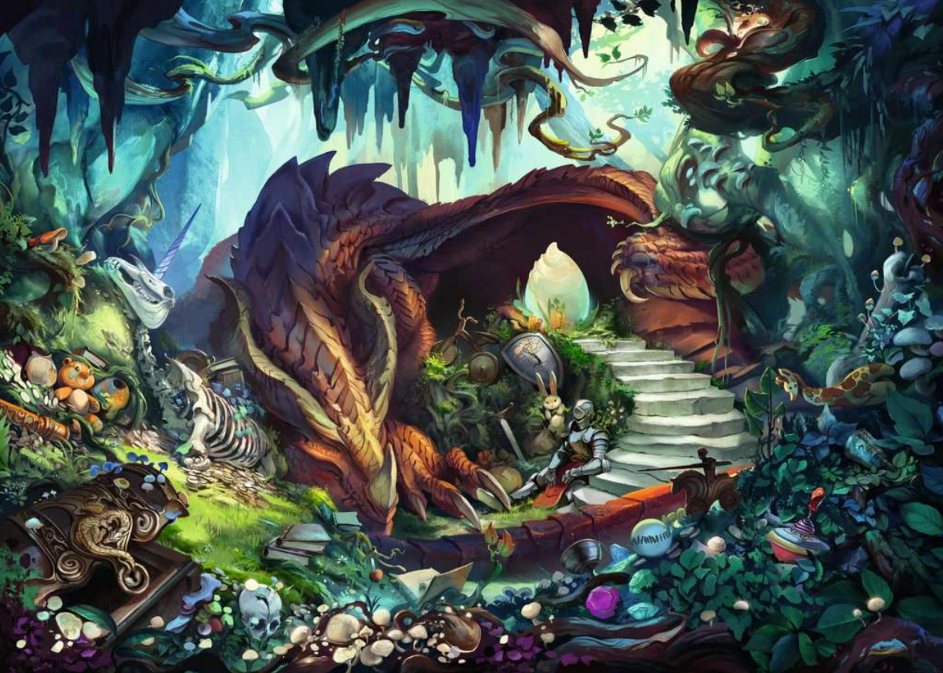 Ein Drache sitzt in einer Höhle mit einem Ritter und einem Hasen.