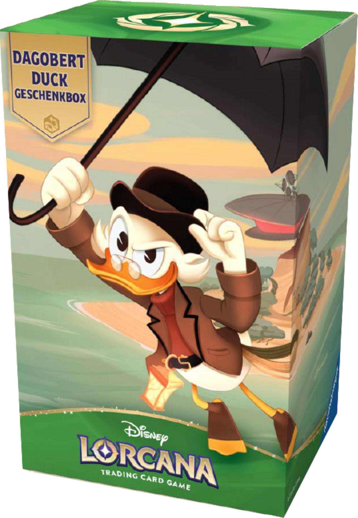 Dagobert Duck mit Regenschirm auf einer Disney Lorcana Spielbox.
