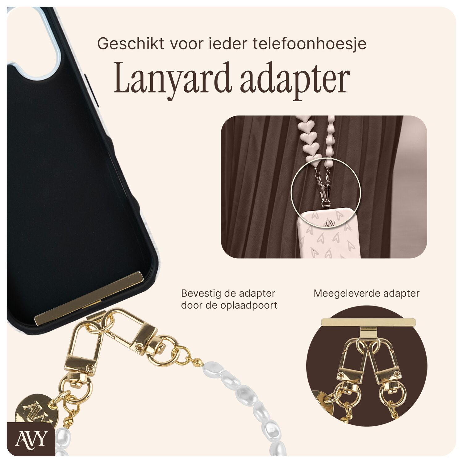 Lanyard adapter voor telefoonhoesjes, met gouden ketting en parels.