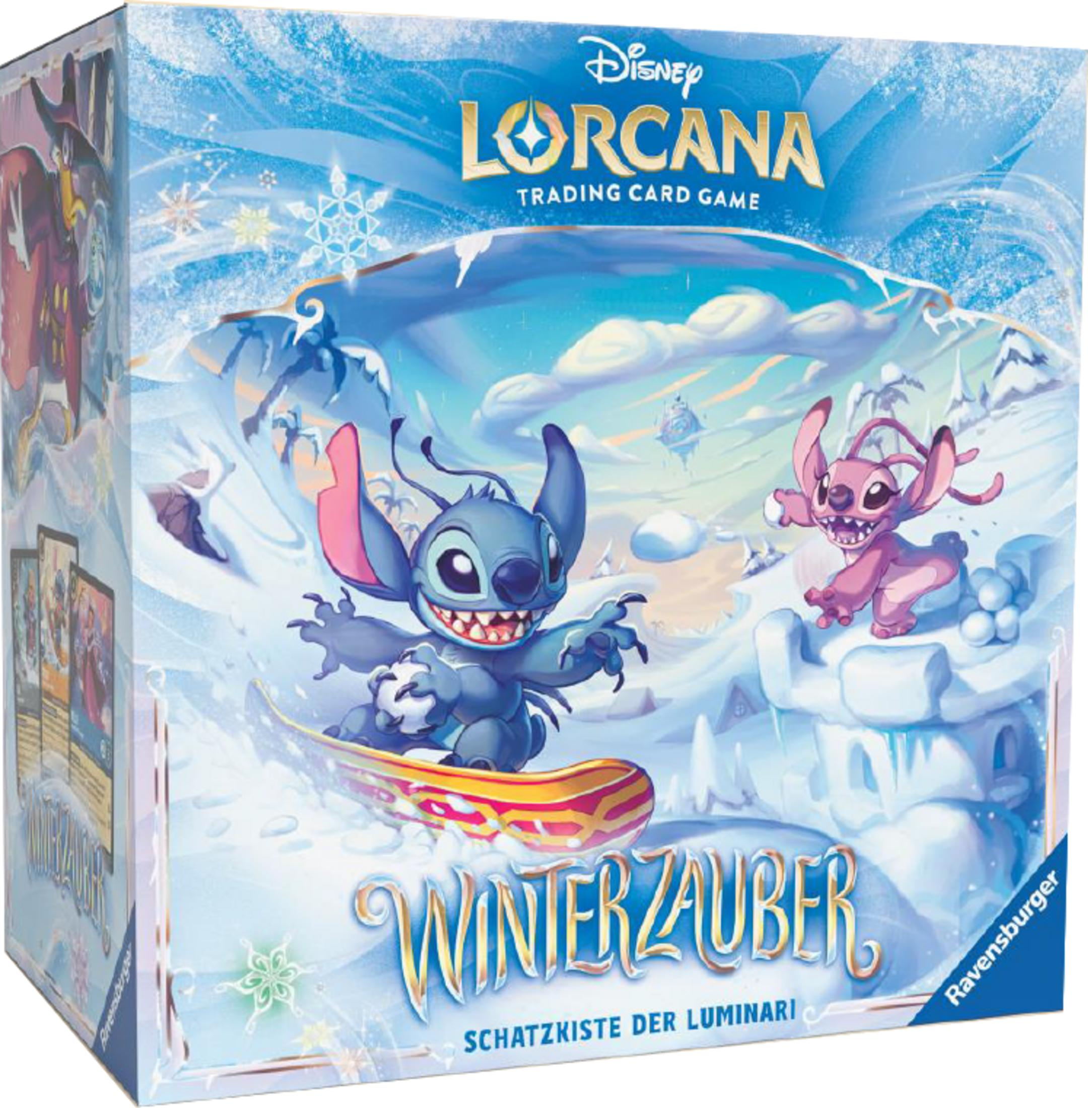 Disney Lorcana Winterzauber Spielschachtel mit Stitch und Angel auf Schnee.
