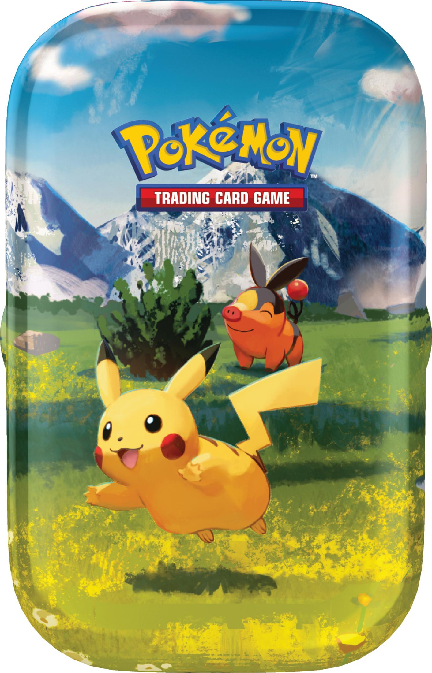 Pikachu und Tepig rennen durch ein grasbewachsenes Feld mit Bergen und Himmel im Hintergrund.