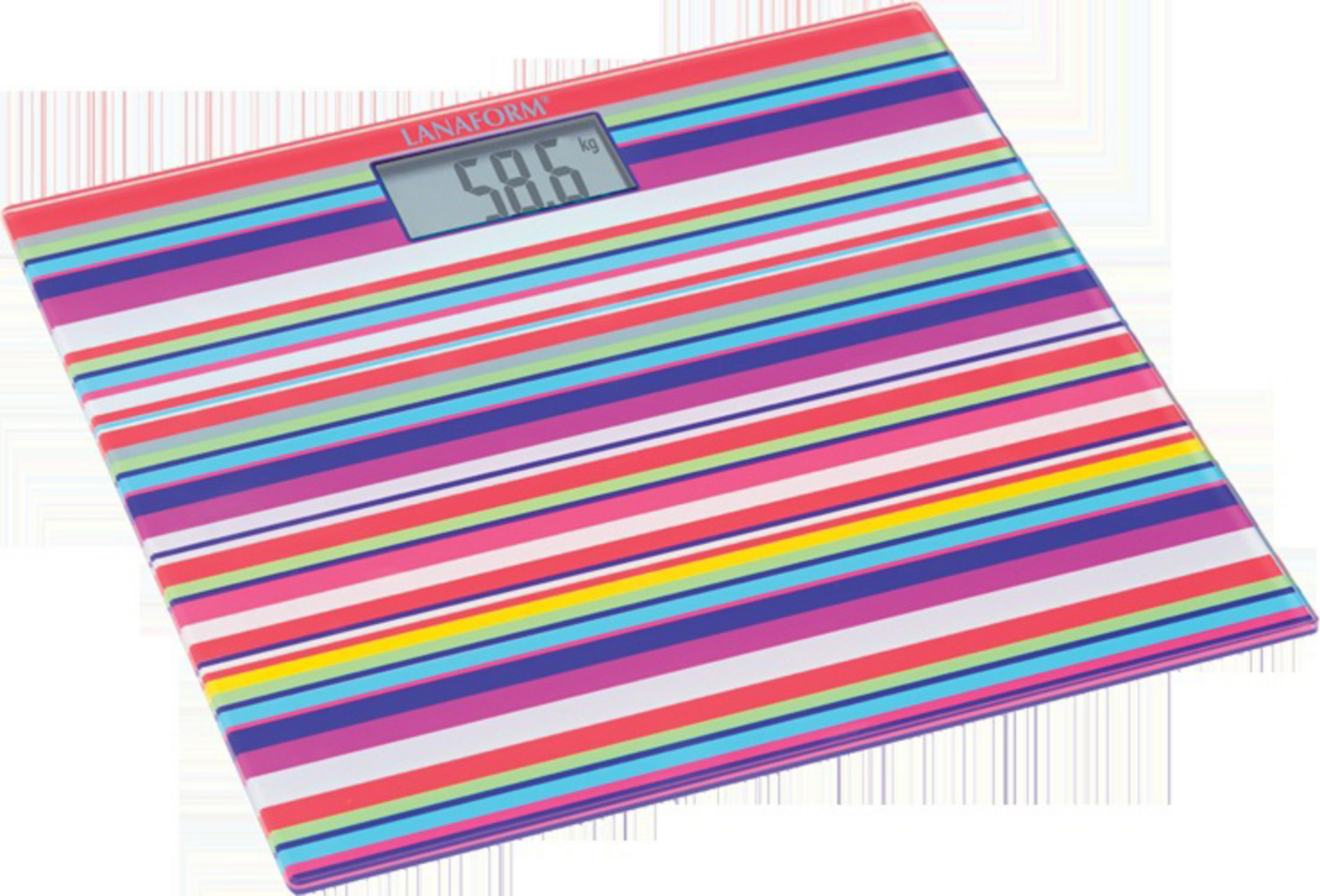 Bunte Waage mit Streifenmuster und Digitalanzeige (58,6 kg).