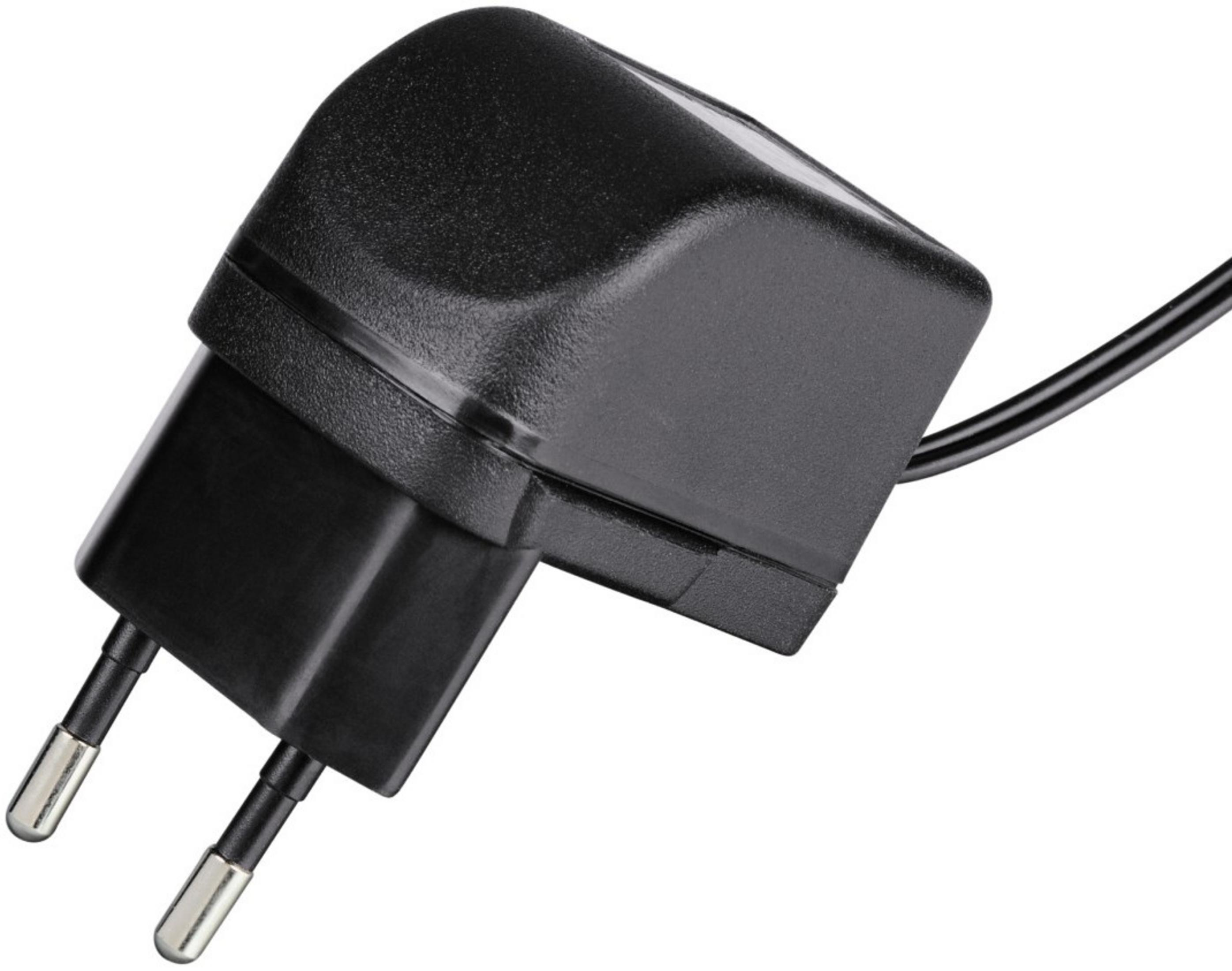 Czarny adapter wtyczki z dwoma metalowymi bolcami i kablem.