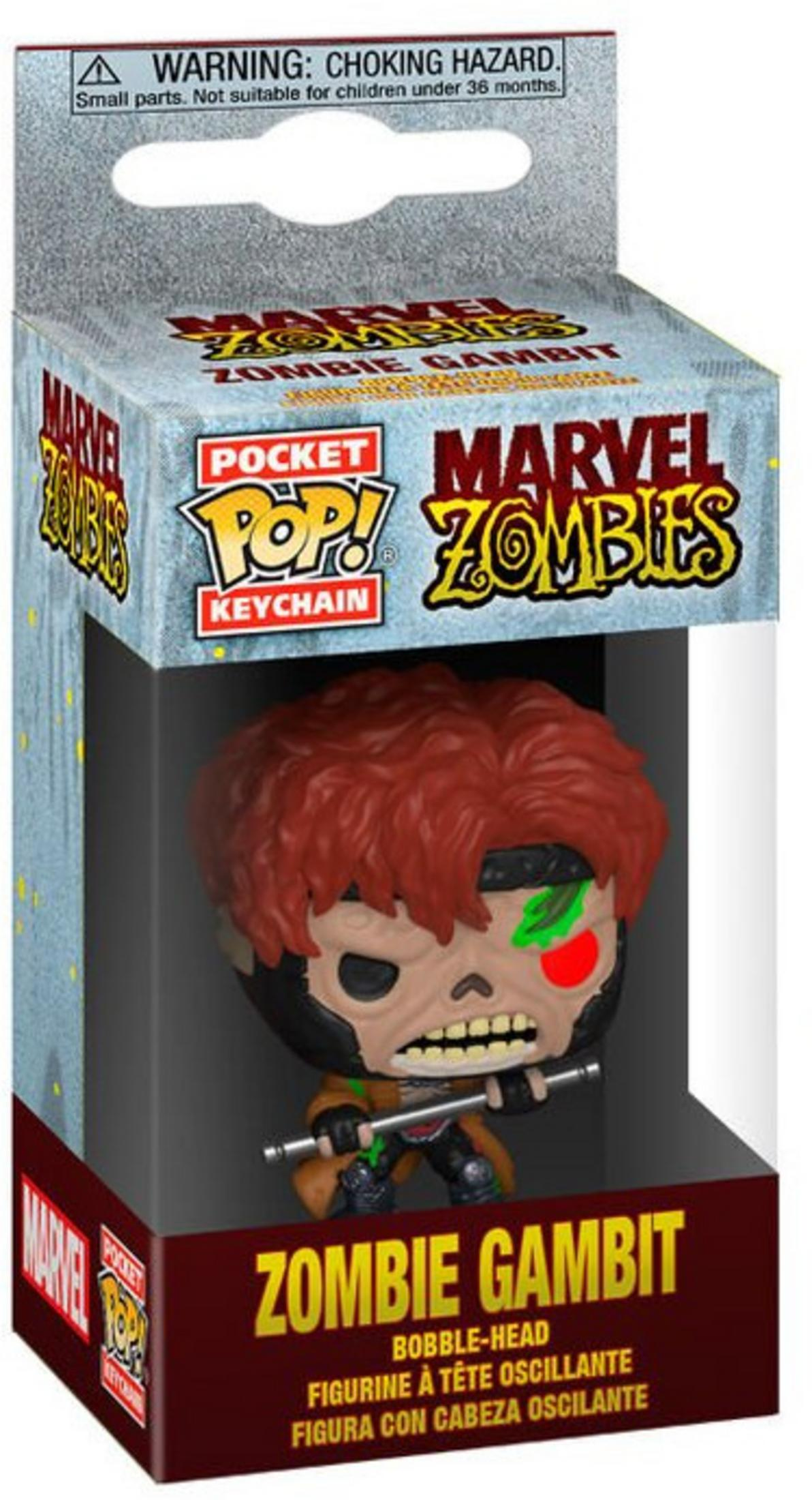 Verpackung für eine Zombie Gambit Pocket Pop! Schlüsselanhänger-Figur mit Warnhinweis.