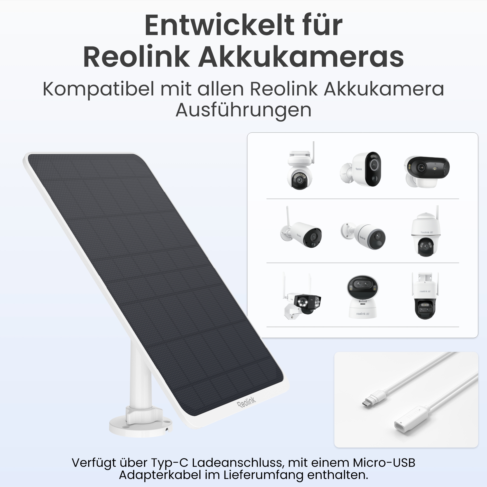 Reolink Solarpanel, diverse Kameras und Ladekabel