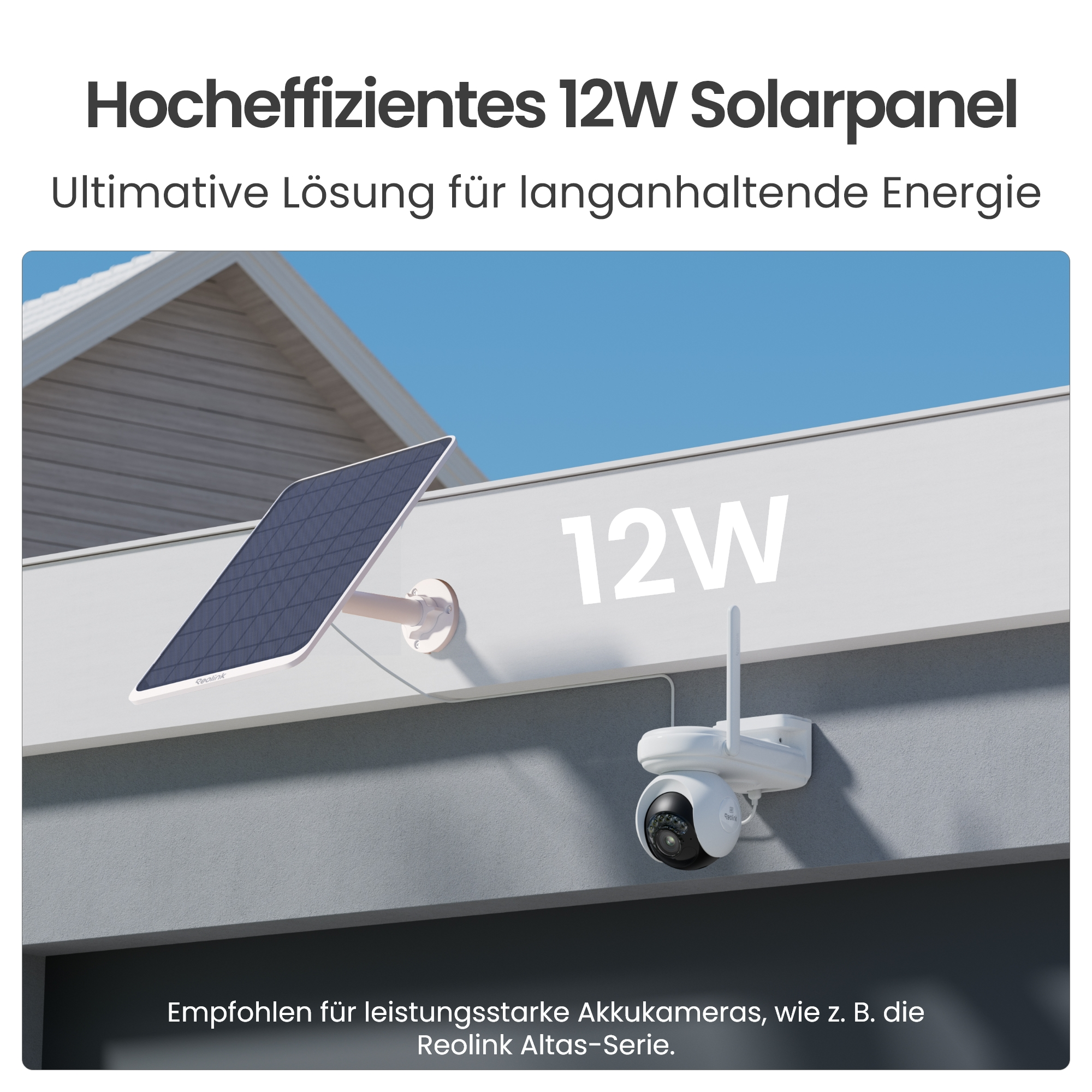 12W Solarpanel und Kamera an Hauswand montiert, mit blauem Himmel.