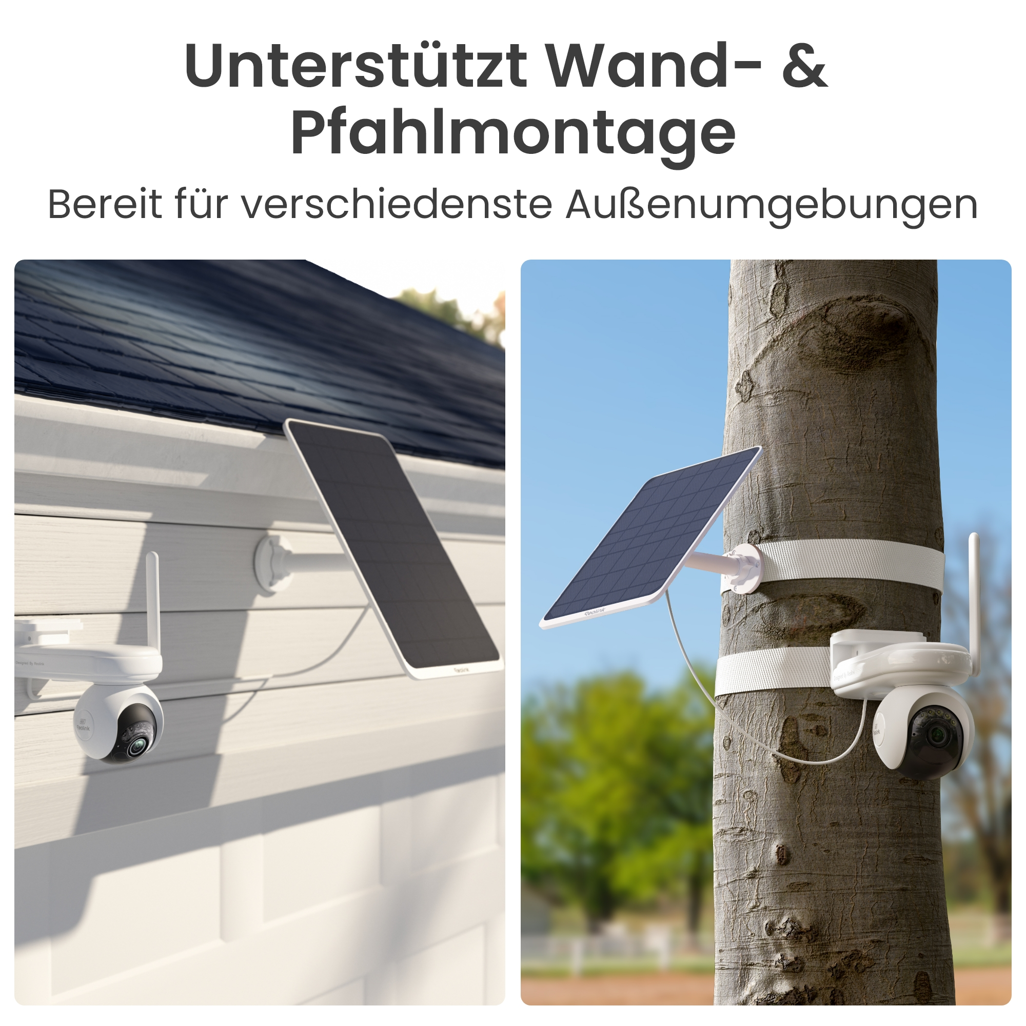 Überwachungskamera mit Solarpanel an Hauswand und Baum montiert.