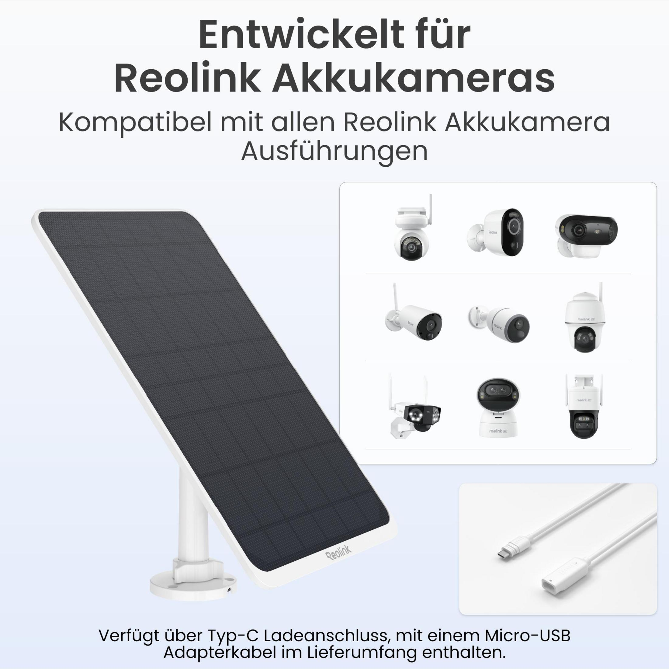 Solarpanel mit verschiedenen Reolink Kameras und Ladekabel.