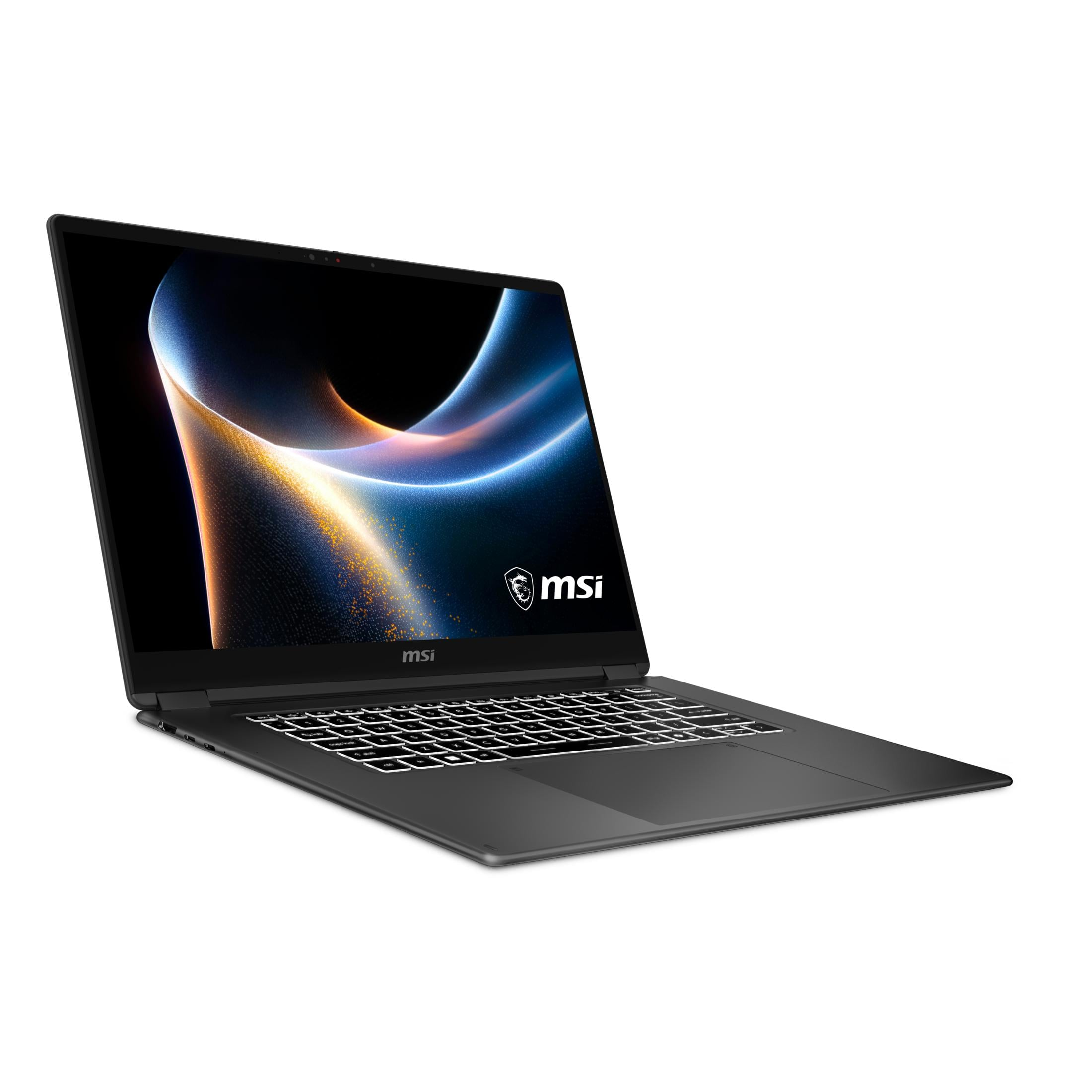 Ein geöffneter, dunkler MSI-Laptop mit leuchtender Tastatur und futuristischem Hintergrundbild.