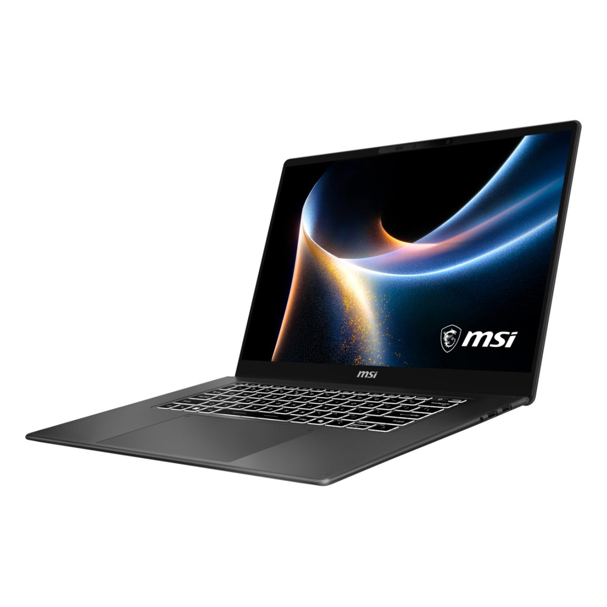 Ein geschlossener, dunkler MSI-Laptop mit leuchtendem Bildschirm.