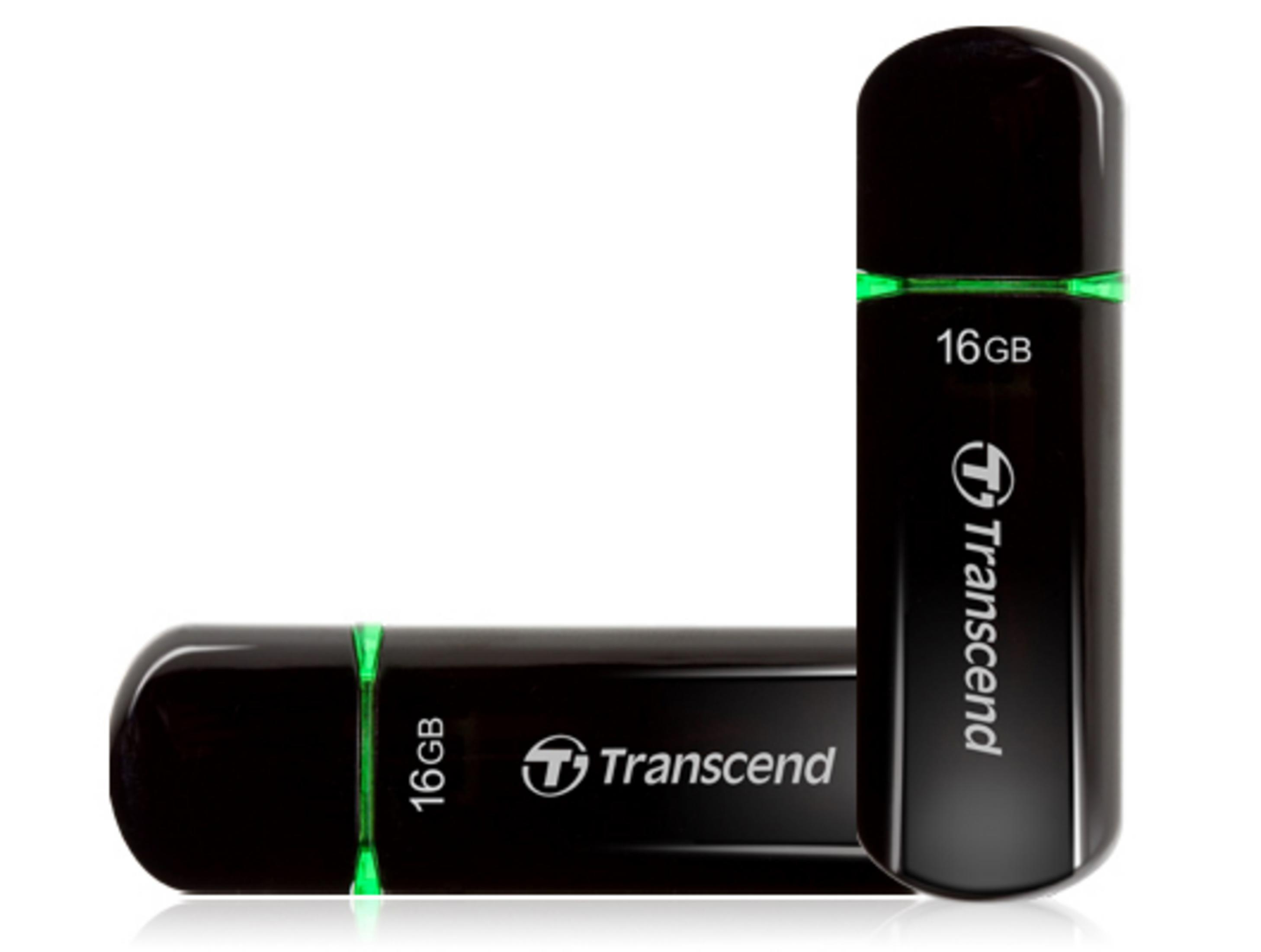 Zwei schwarze 16GB Transcend USB-Sticks mit grüner Akzentlinie.