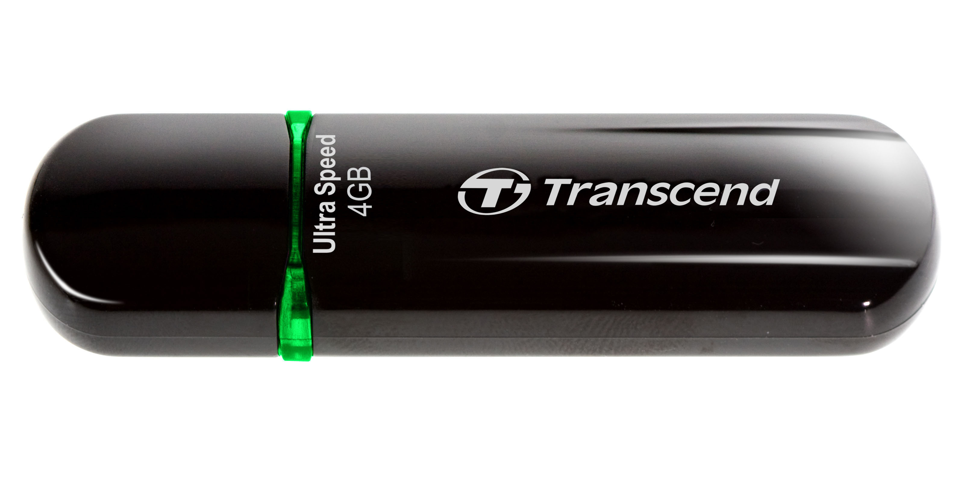 Schwarzer USB-Stick von Transcend mit 4 GB, Ultra Speed, auf weißem Hintergrund.