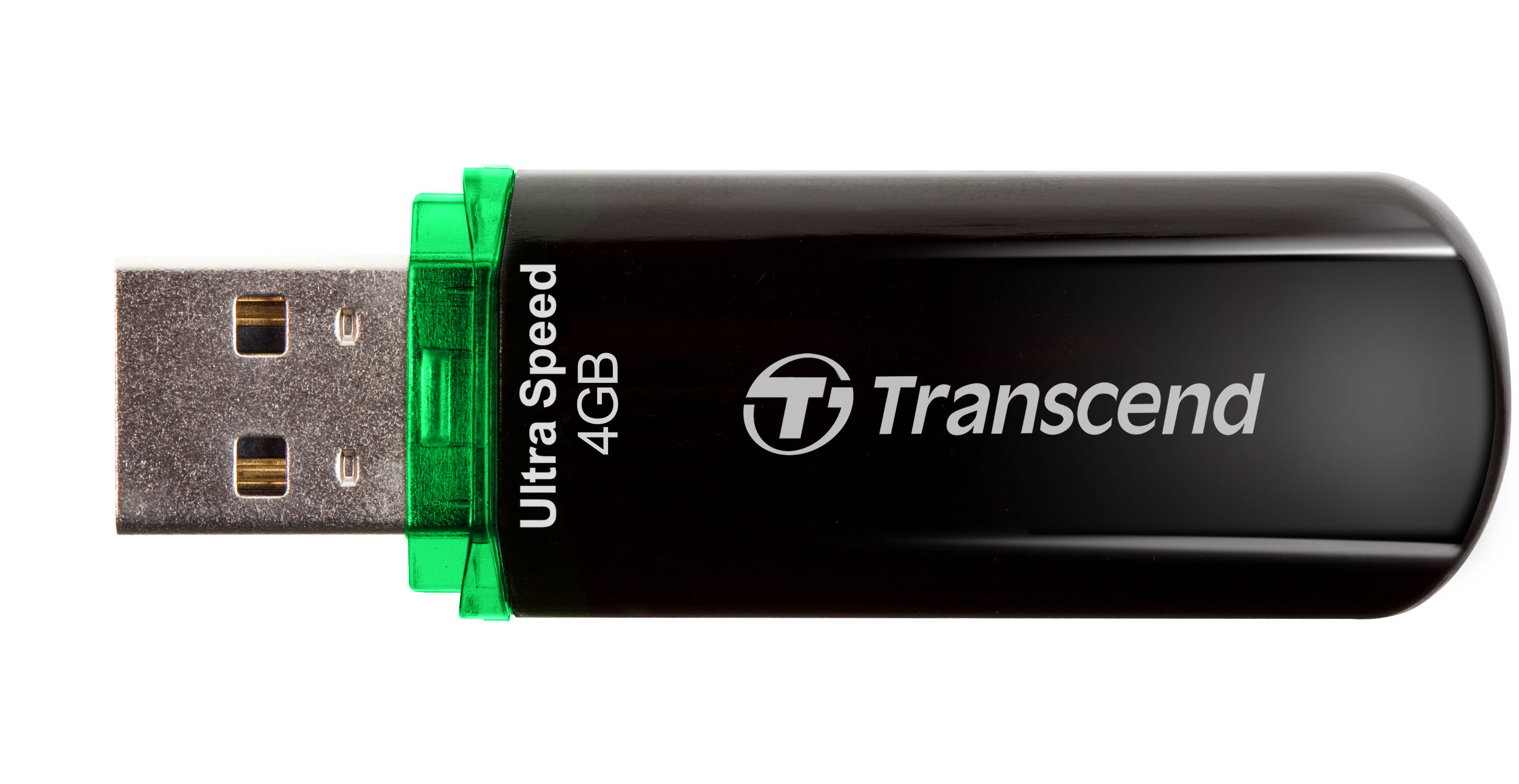 Schwarzer Transcend USB-Stick mit grüner Kappe und 4GB Speicherkapazität.