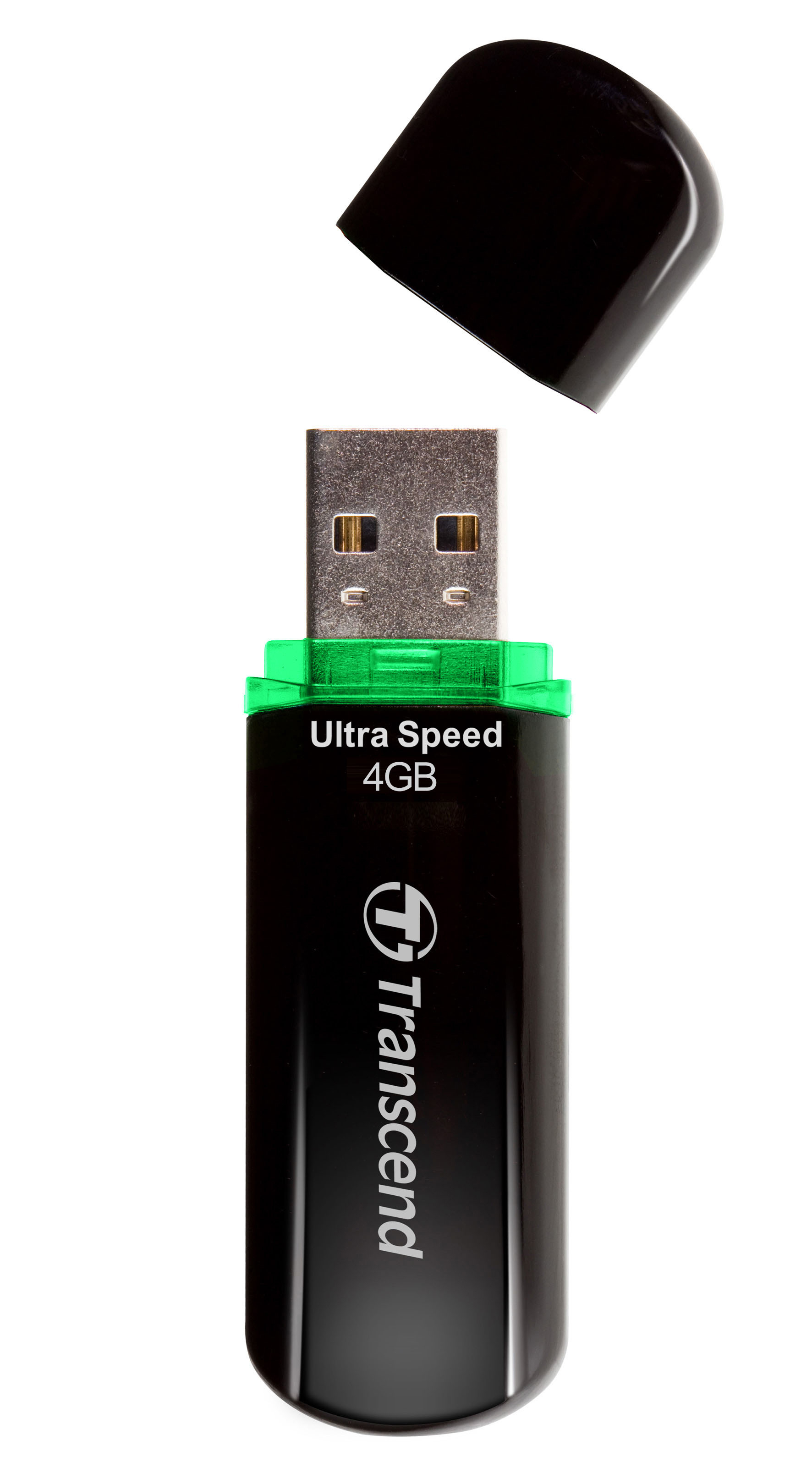 Schwarzer USB-Stick mit grünem Kragen, 4 GB, "Ultra Speed" und "Transcend" aufgedruckt.