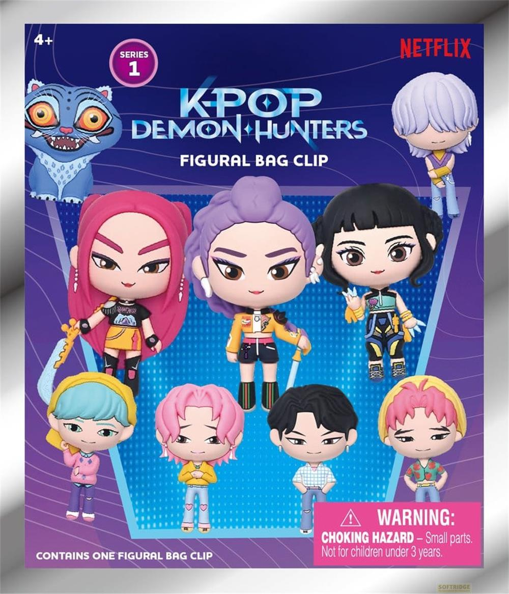Clip de bolsa figurativo K-Pop Demon Hunters Serie 1 con logo de Netflix y varios personajes.