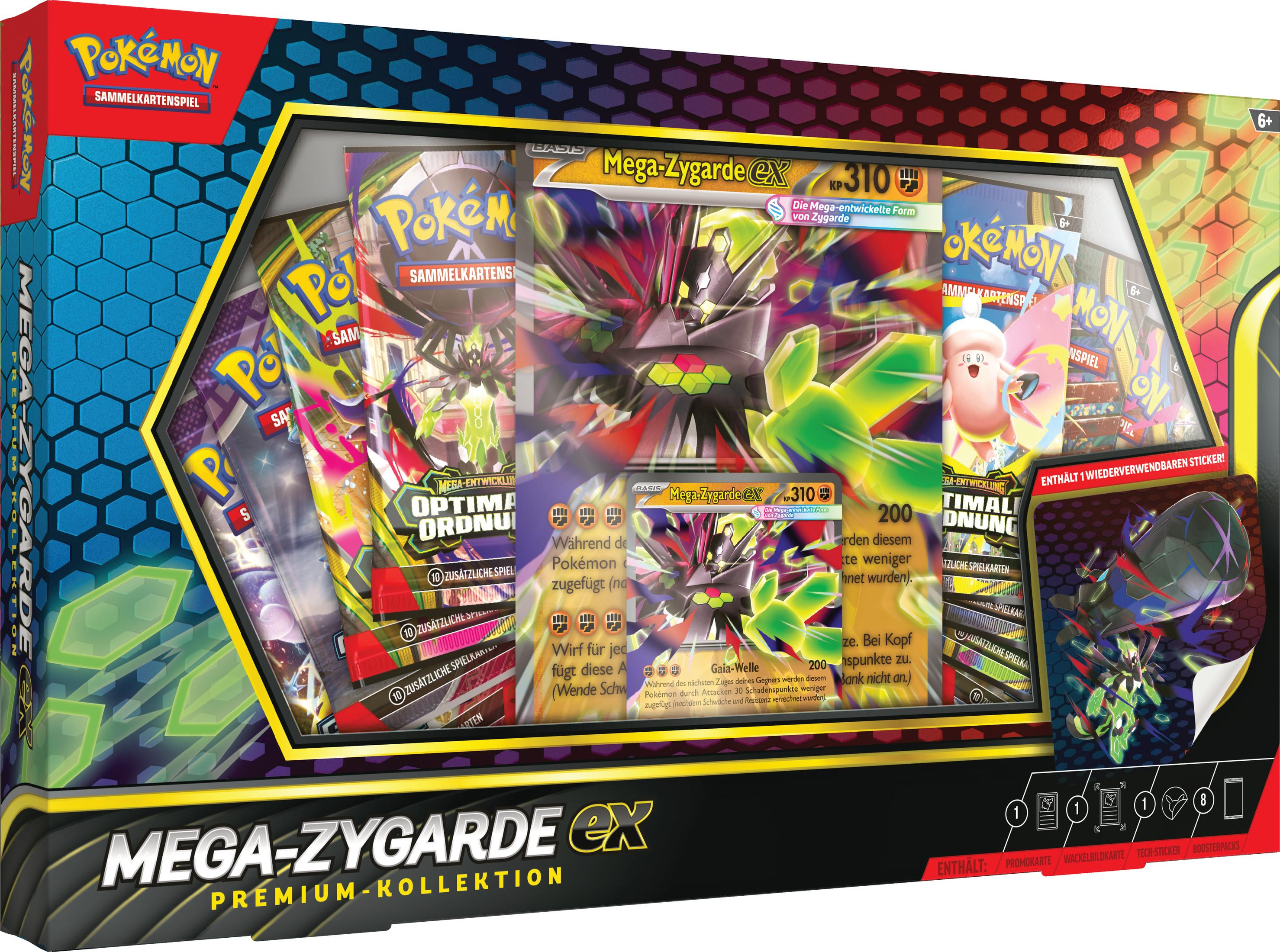 Die Mega Zygarde EX Premium Kollektion Box enthält Spielkarten und Sticker.