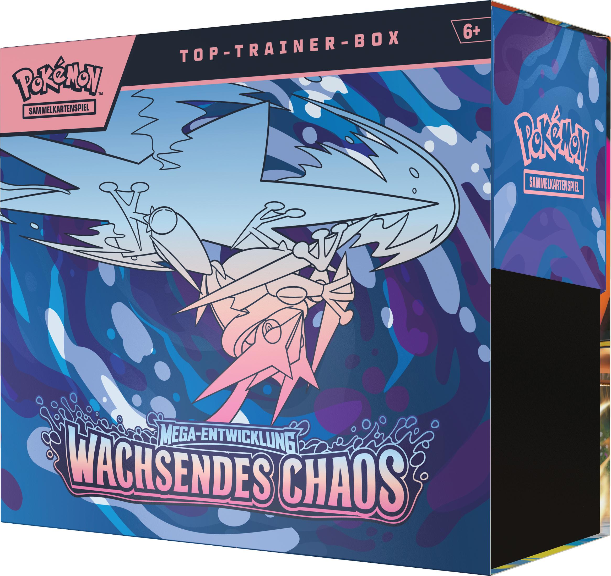 Pokemon Top Trainer Box mit dem Titel 'Wachsendes Chaos' auf blauem Hintergrund.