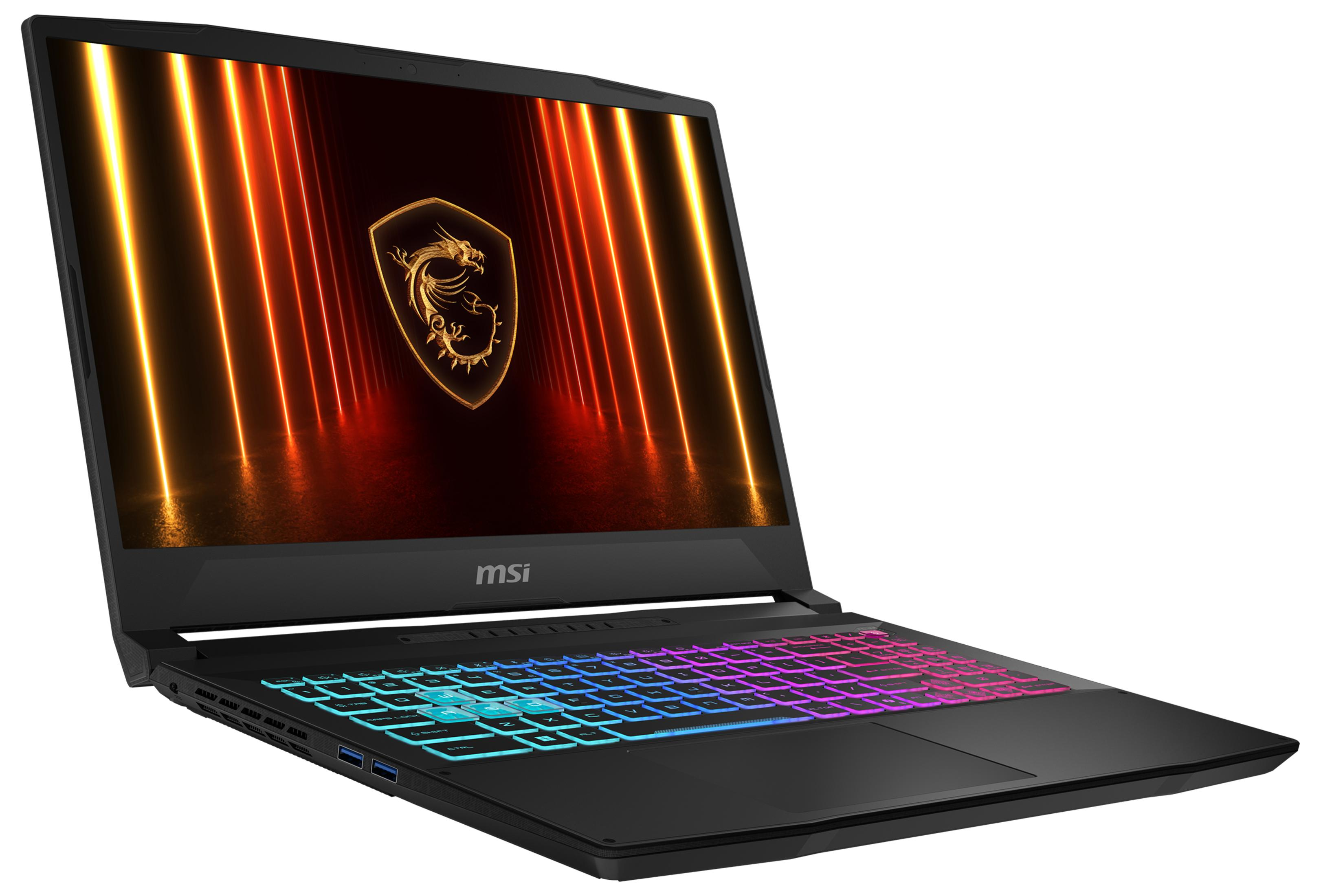 Schwarzer Laptop mit beleuchteter Tastatur und MSI-Drachenlogo.