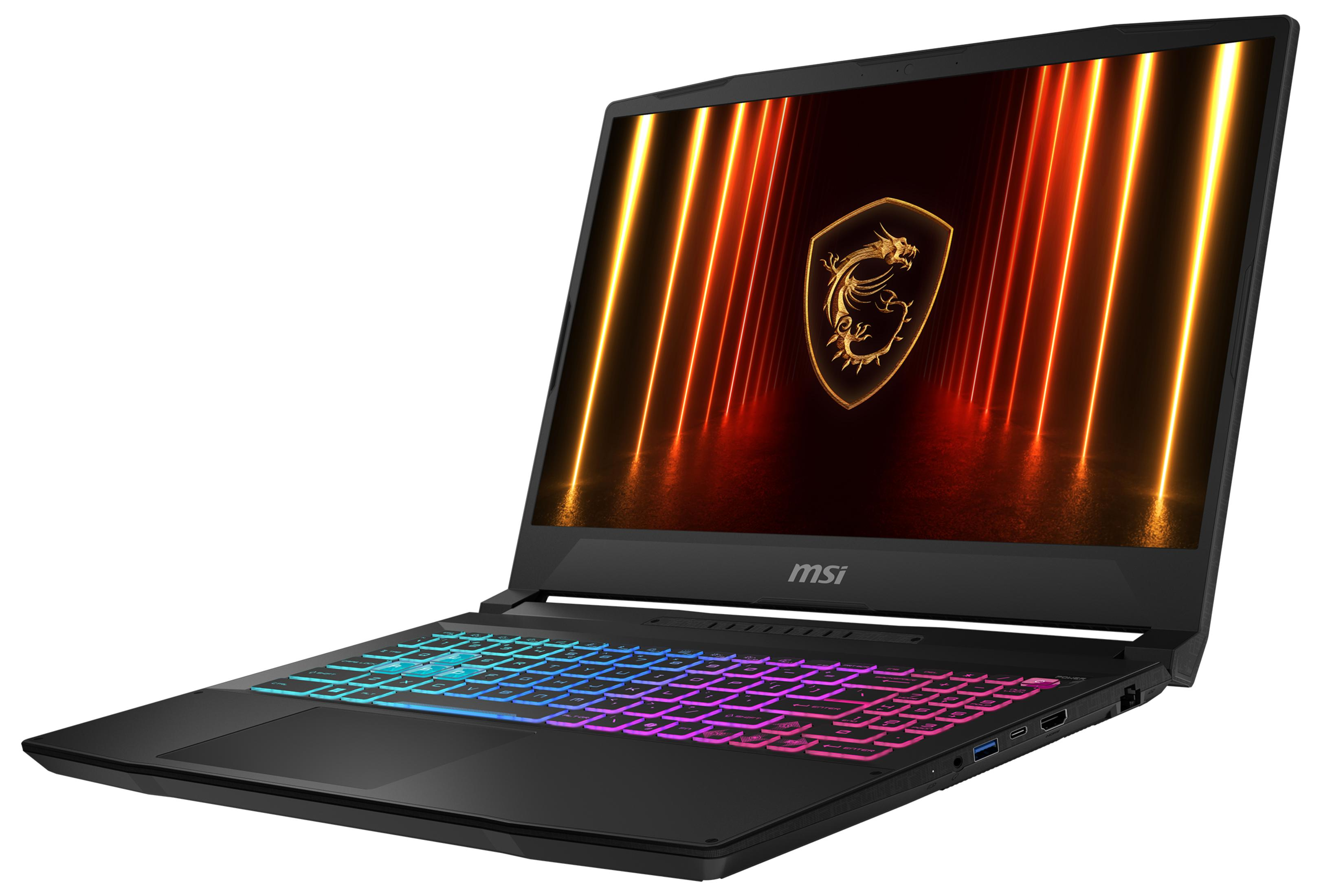 Ein schwarzer MSI-Gaming-Laptop mit beleuchteter Tastatur und Drachenlogo auf dem Bildschirm.